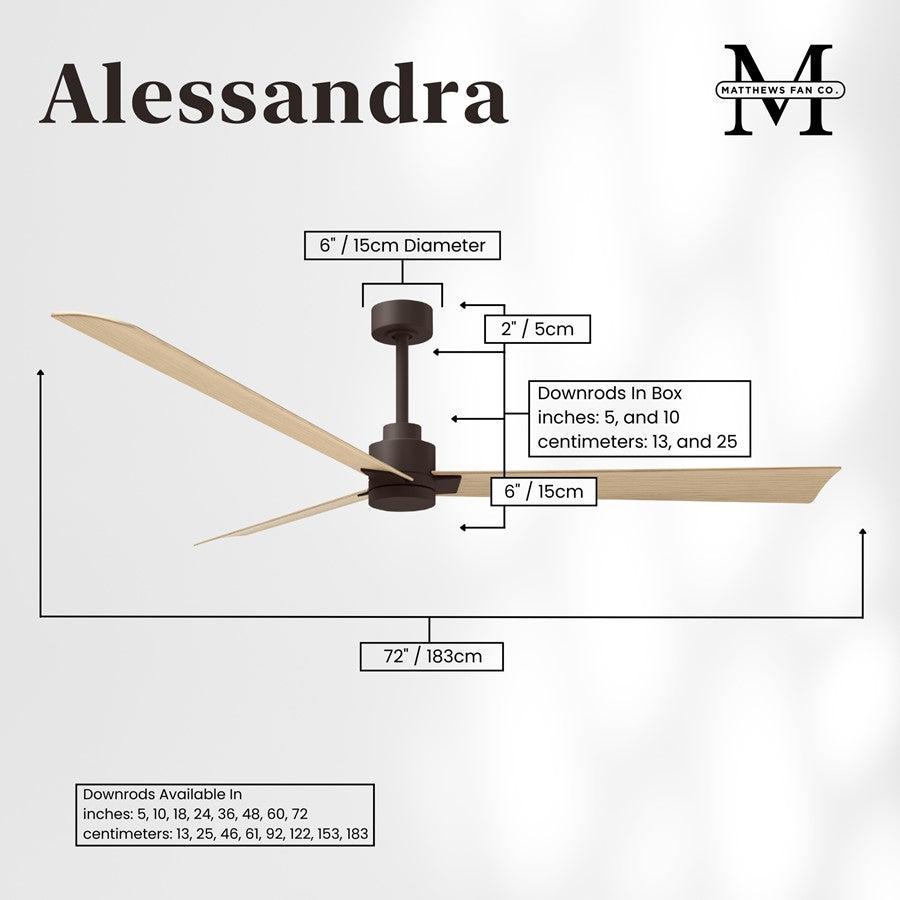 Matthews Fans Alessandra 72in 3-Blade Ceiling Fan | Transitional Textured Bronze and Light Maple ABS Blades | Great Rooms | Model AK-TB-LM-72