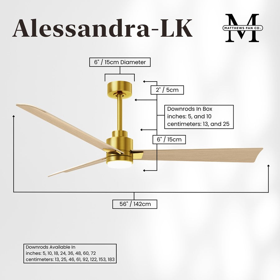 Matthews Fans Alessandra 56in 3-Blade Ceiling Fan | Transitional Brushed Brass and Light Maple ABS | Living Room & Covered | Model AKLK-BRBR-LM-56