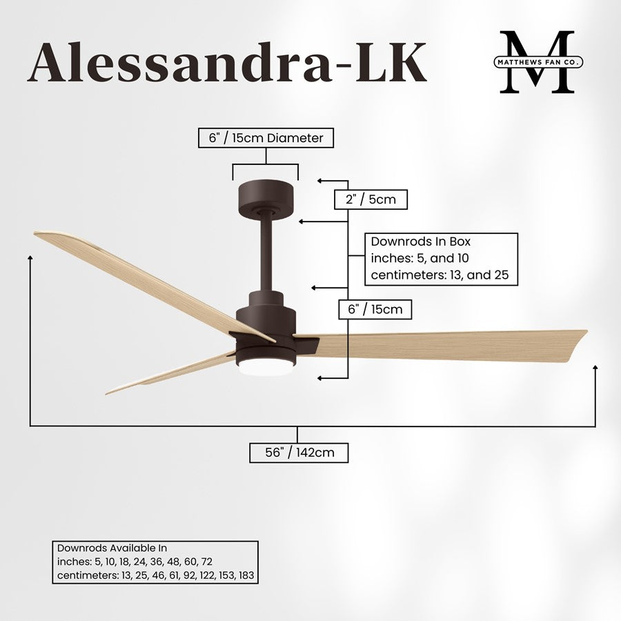 Matthews Fans Alessandra 56in 3-Blade Ceiling Fan | Transitional Textured Bronze and Light Maple ABS | Great Rooms & Open | Model AKLK-TB-LM-56