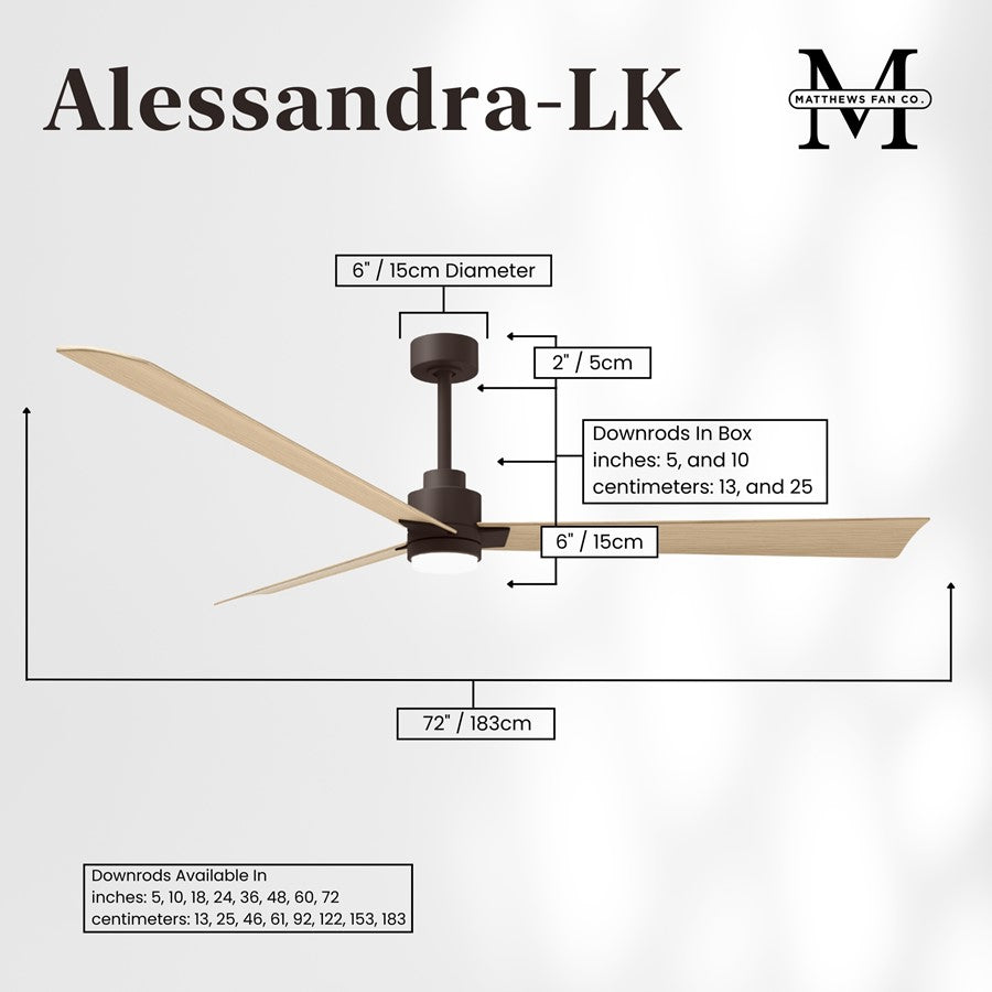 Matthews Fans Alessandra 72in 3-Blade Ceiling Fan | Transitional Textured Bronze and Light Maple ABS | Great Rooms & Open | Model AKLK-TB-LM-72