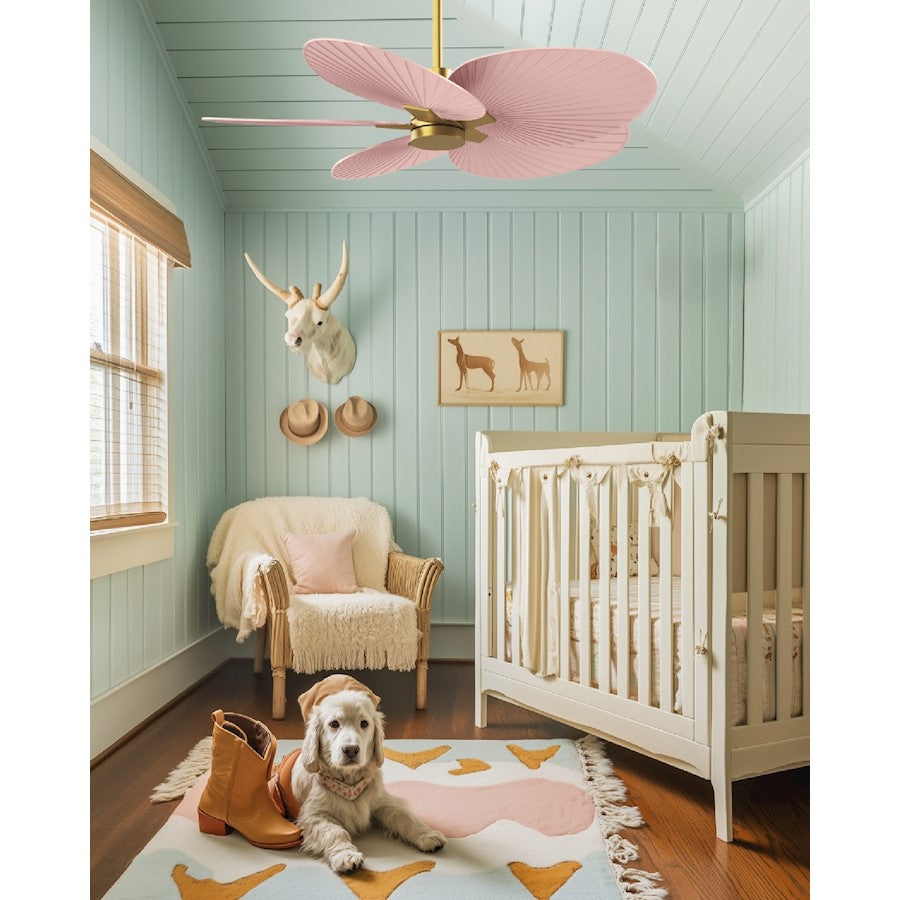 Matthews Fans Alessandra Tropical 48in 5-Blade Ceiling Fan | Transitional Brushed Brass and Light Pink ABS Blades | Covered | Model AKTP-BRBR-PI