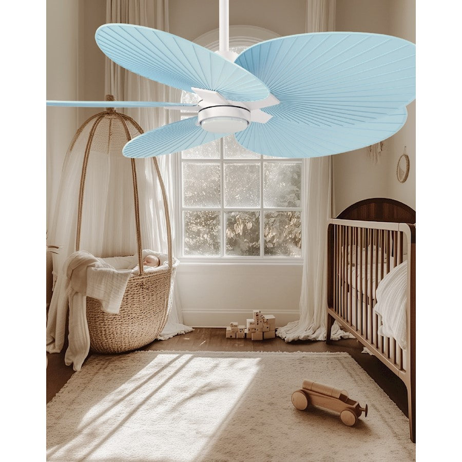 Matthews Fans Alessandra Tropical 48in 5-Blade Ceiling Fan | Transitional Matte White and Light Blue ABS Blades | Covered Patio | Model AKTPLK-MWH-BL