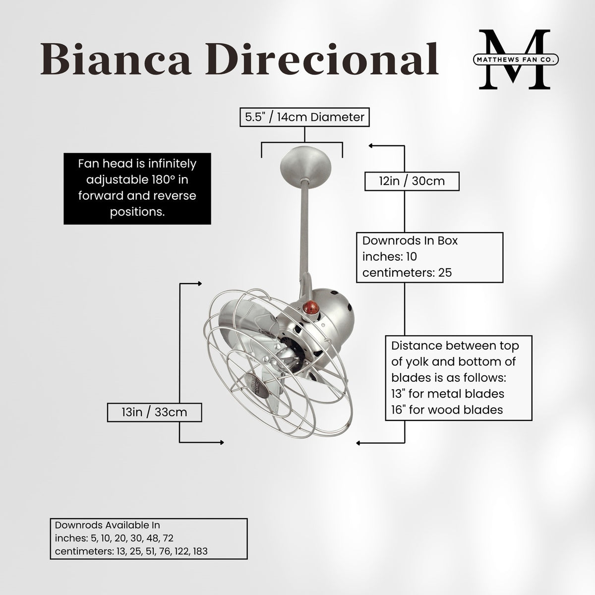 Matthews Fan Company Bianca Directional 13in Ceiling Fan | Brushed Nickel Steel and Metal Blades | Indoor Rooms | 13 x 13 x 13 in | Model BD-BN-MTL