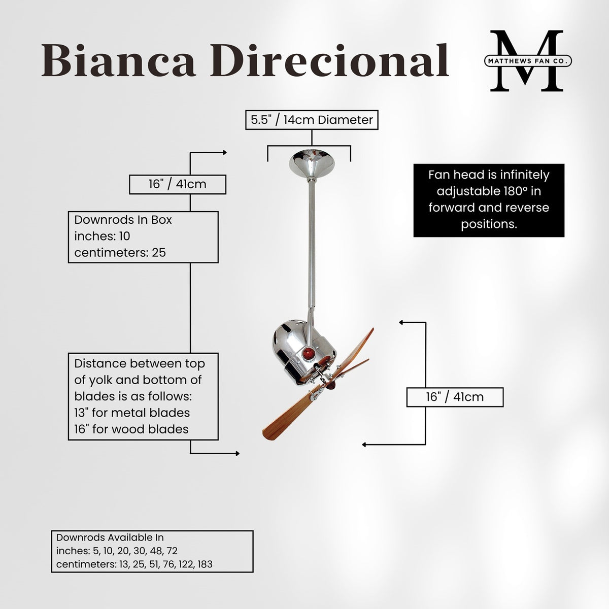 Matthews Fan Company Bianca Directional 16in Ceiling Fan | Chrome and Mahogany Blades | Bedroom & Living Room | 16 x 13 x 13 in | Model BD-CR-WD