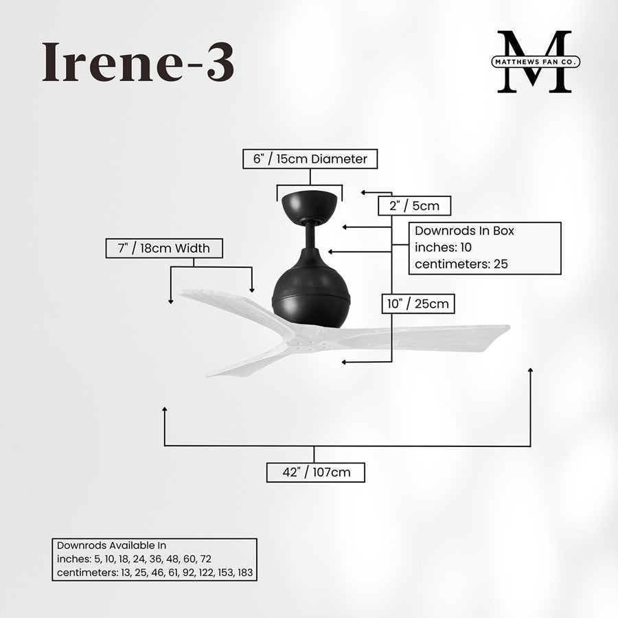 Matthews Fans Irene-3 42in 3-Blade Ceiling Fan | Contemporary Matte Black and Matte White Solid Wood | Bedroom & Home Office | Model IR3-BK-MWH-42