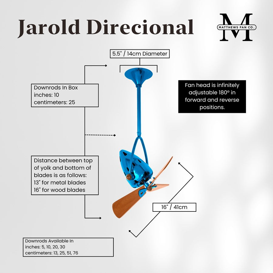 Matthews Fans Jarold 16in Directional Ceiling Fan | Contemporary Agua Marinha and Mahogany Wood | Living Room & Bedroom | Model JD-LTBLUE-WD