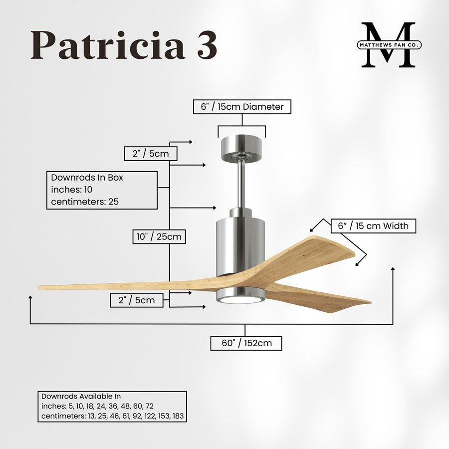 Matthews Fans Patricia 3 60in 1-Light LED Ceiling Fan | Polished Chrome and Light Maple Solid Wood | Great Rooms & Covered | Model PA3-CR-LM-60