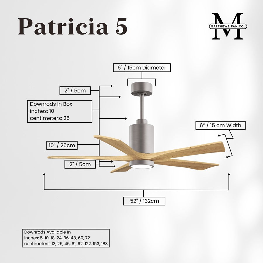 Matthews Patricia 5 52in 5-Blade Ceiling Fan | Brushed Nickel and Light Maple Solid Wood | Large Living Room & Family Room | Model PA5-BN-LM-52