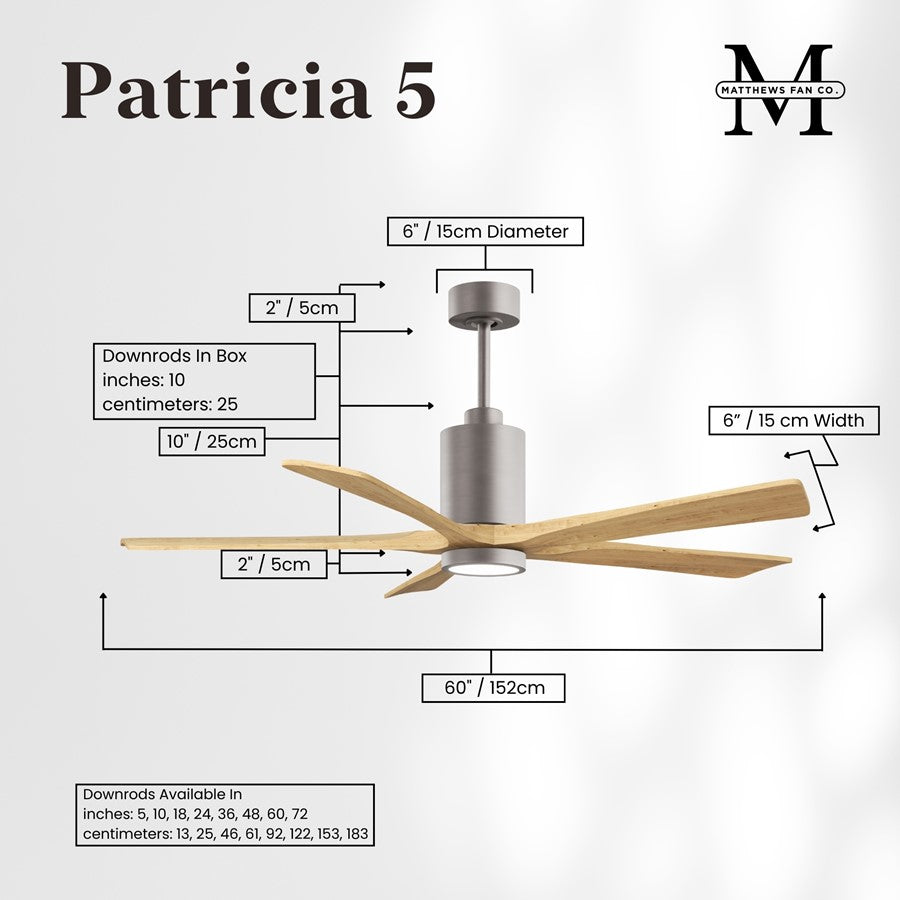 Matthews Fans Patricia-5 60in 5-Blade Ceiling Fan | Brushed Nickel and Light Maple Solid Wood | Great Rooms & Covered Patios | Model PA5-BN-LM-60