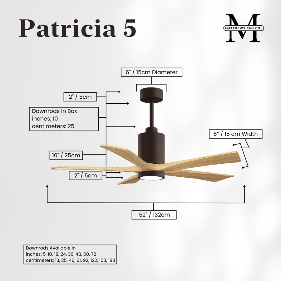 Matthews Fans Patricia-5 52in 5-Blade Ceiling Fan | Textured Bronze and Light Maple Wood | Large Living Room & Family Room | Model PA5-TB-LM-52