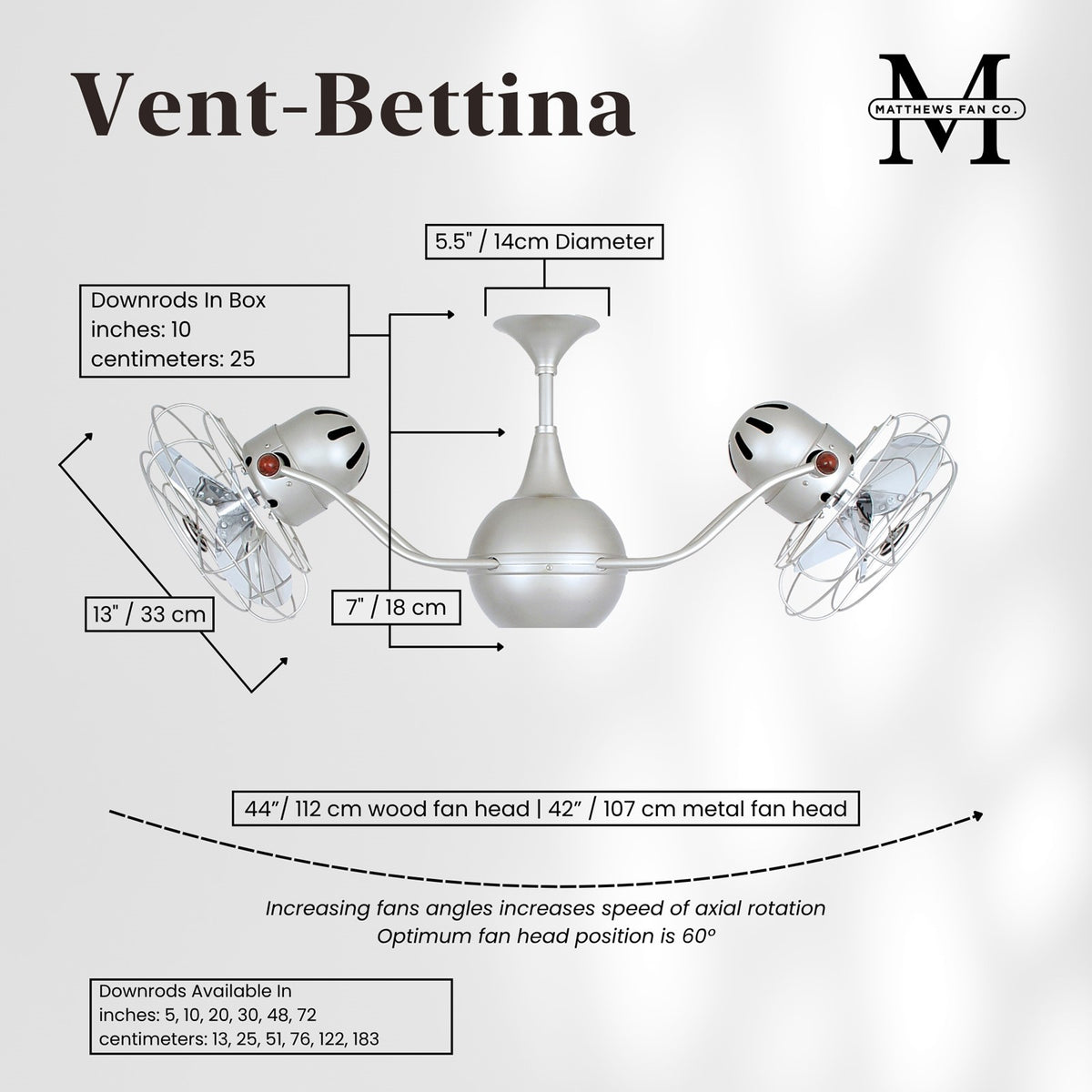 Matthews Fan Company Vent Bettina 42in Rotational Ceiling Fan | Brushed Nickel Metal Blades | Indoor Spaces | 42 x 7 x 7 in | Model VB-BN-MTL