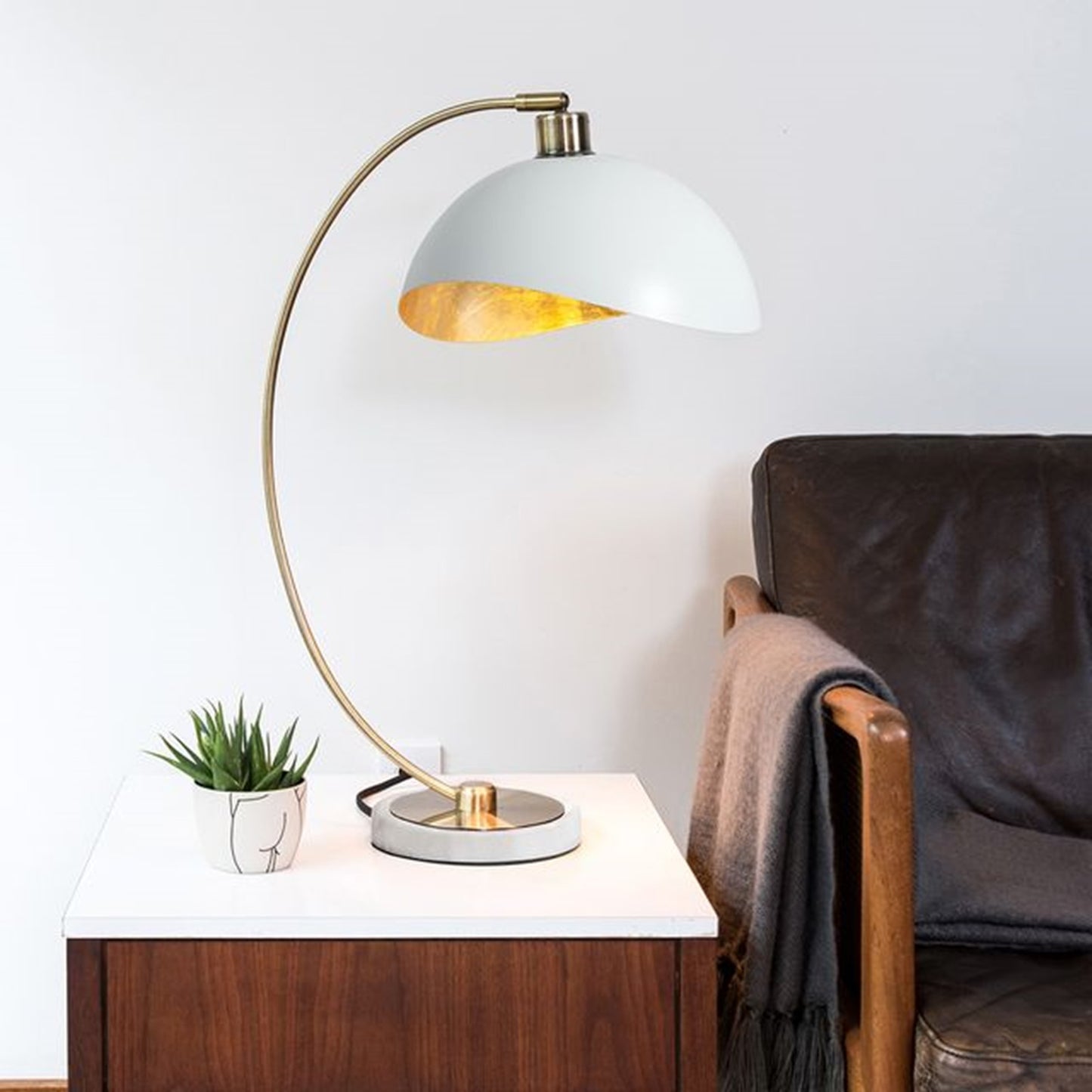 Nova California Luna Bella 25in Table Lamp | Mid-Century Modern Brass and Matte White Metal with Gold Leaf | Living Room & Bedroom | Model 1011017WH