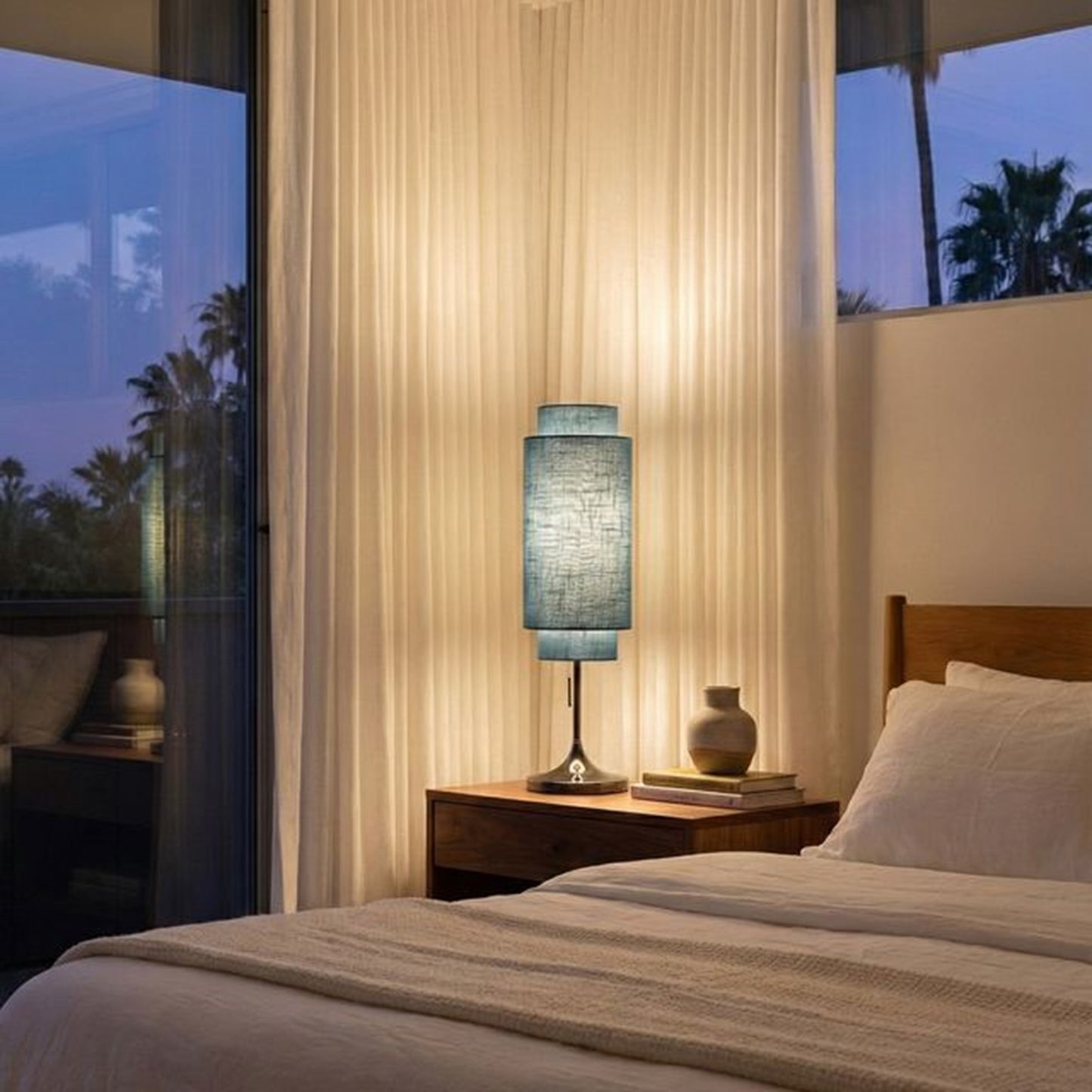 Nova California Lollipop 31in 1-Light Table Lamp | Mid-Century Sky Blue Linen and Black Nickel | Bedroom & Nightstand Accent | Model 1011805BN