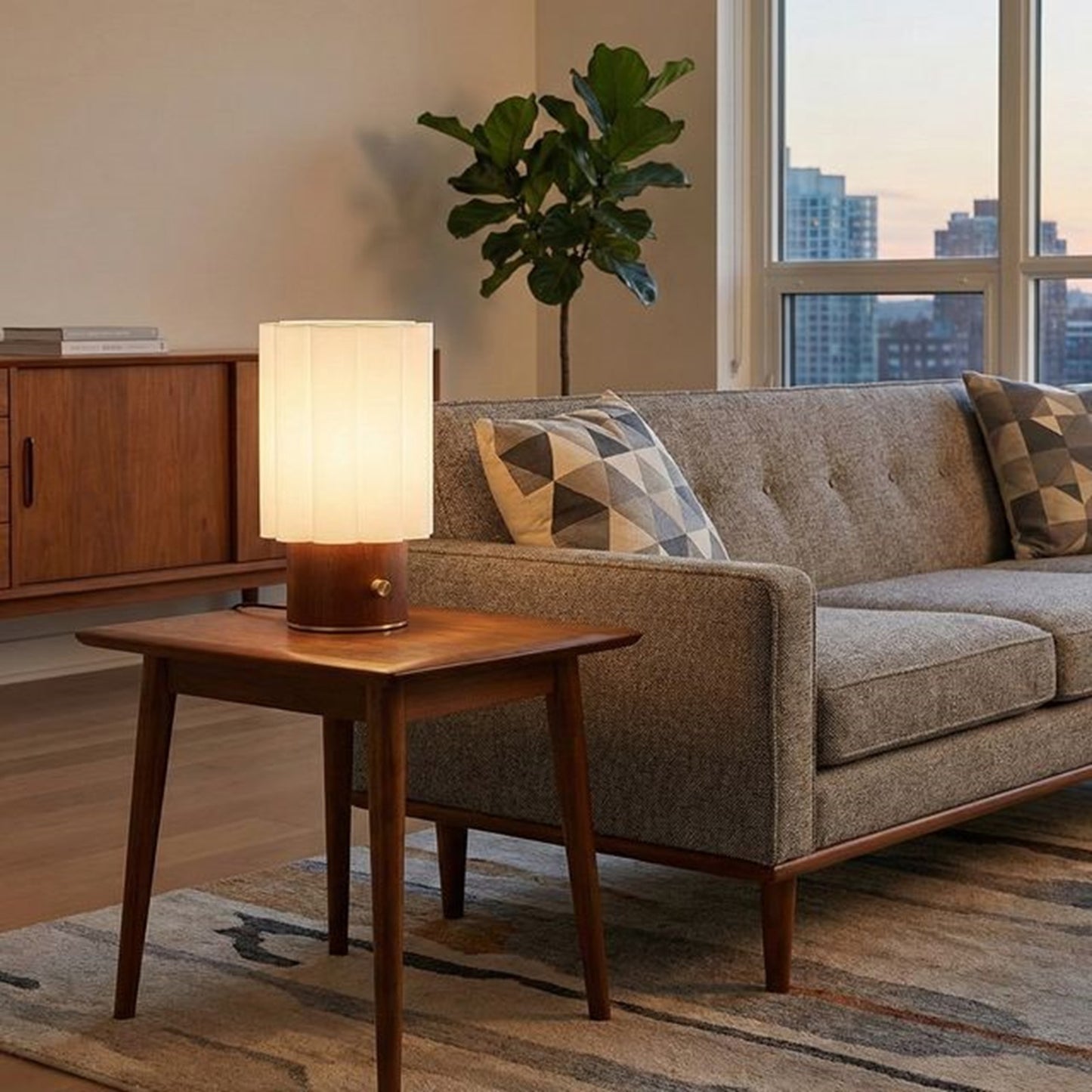 Nova California Scalloped 61in 1-Light Table Lamp | Mid-Century Walnut and Weathered Brass White Linen | Bedroom & Living Room | Model 1111802WB