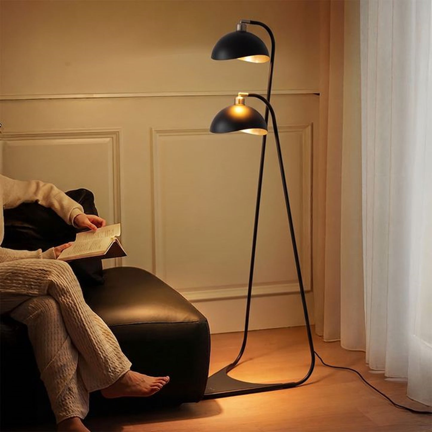 Nova California Luna Bella 60in 2-Light Floor Lamp | Mid-Century Modern Matte Black and Gold Leaf Metal Shade | Living Room & | Model 2011018WB