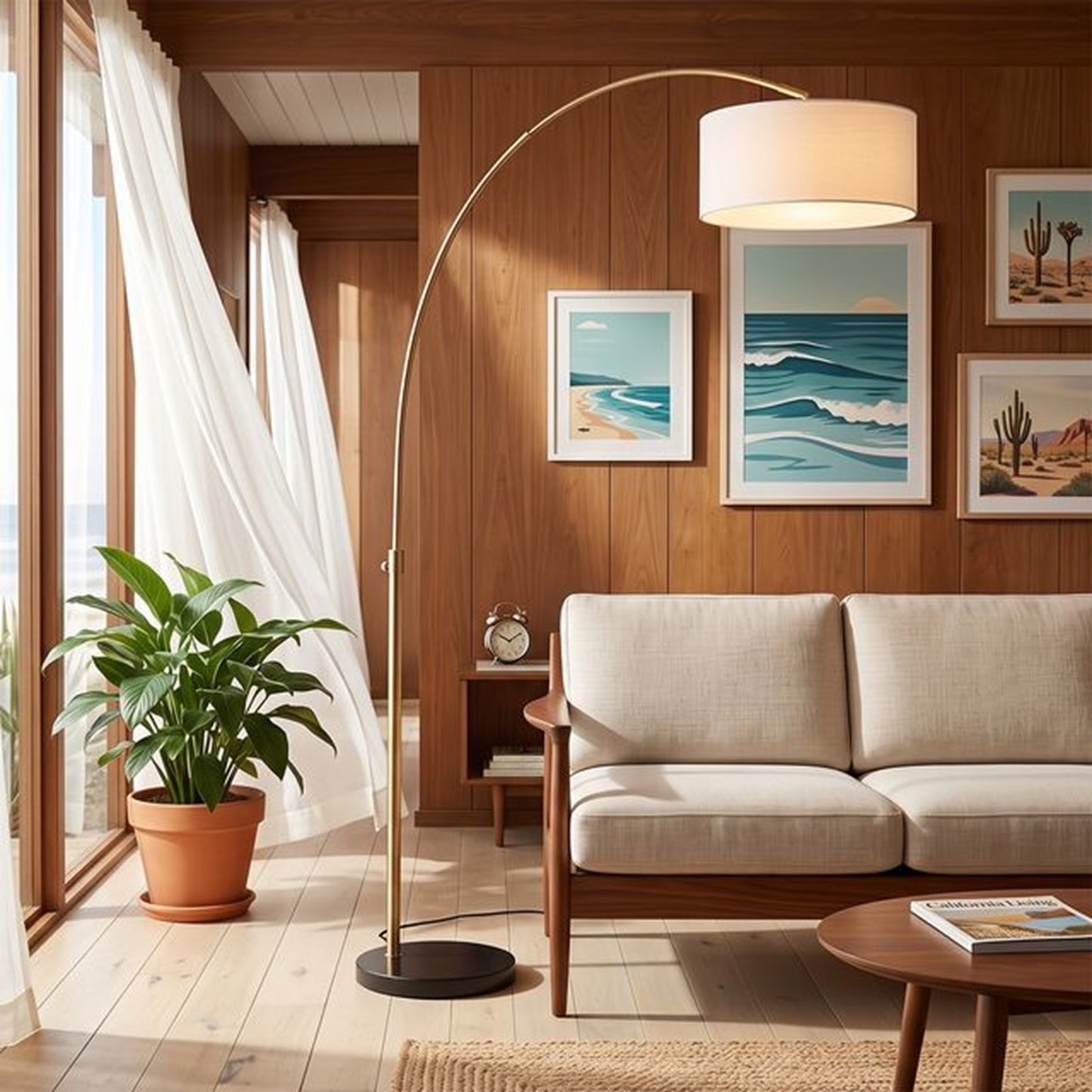 Nova California Float 92in 1-Light Arc Floor Lamp | Modern Weathered Brass and Black Marble with White Linen Drum Shade | Living | Model 2110818WH