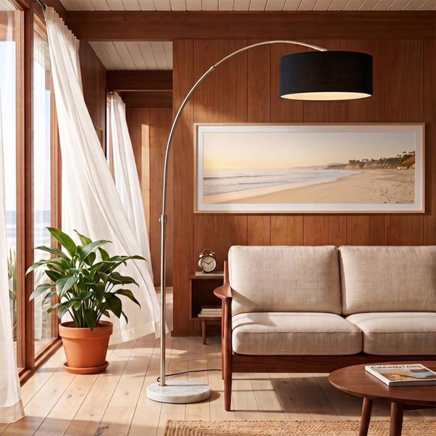 Nova California Float 92in 1-Light Arc Lamp | Modern Satin Nickel and Black Linen Shade | Living Room & Reading Nook | Model 2110822BK