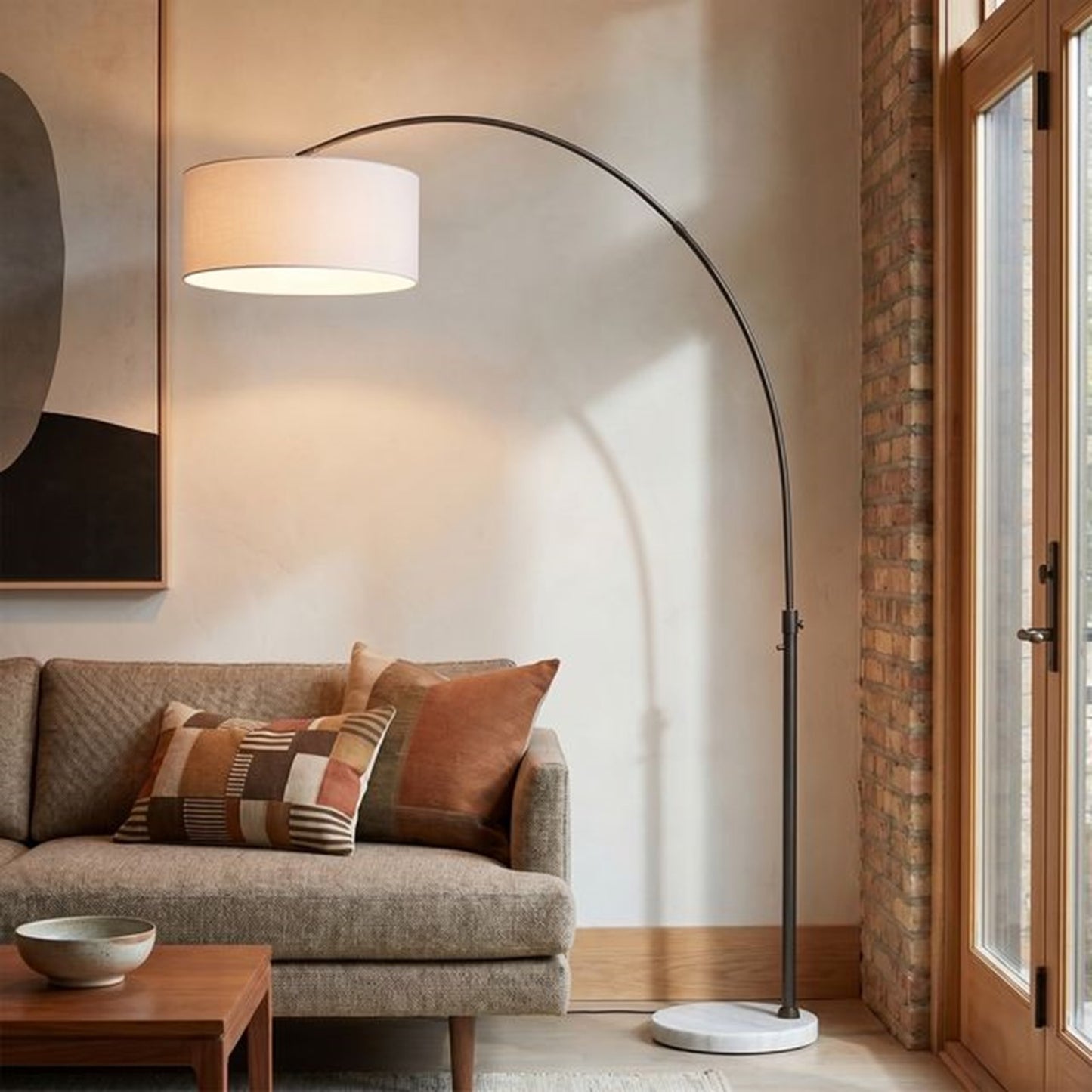 Nova California Float 92in 1-Light Arc Lamp | Modern Black Nickel and White Linen Shade | Living Room & Bedroom | 68 x 18 x 92 in | Model 2110823WH