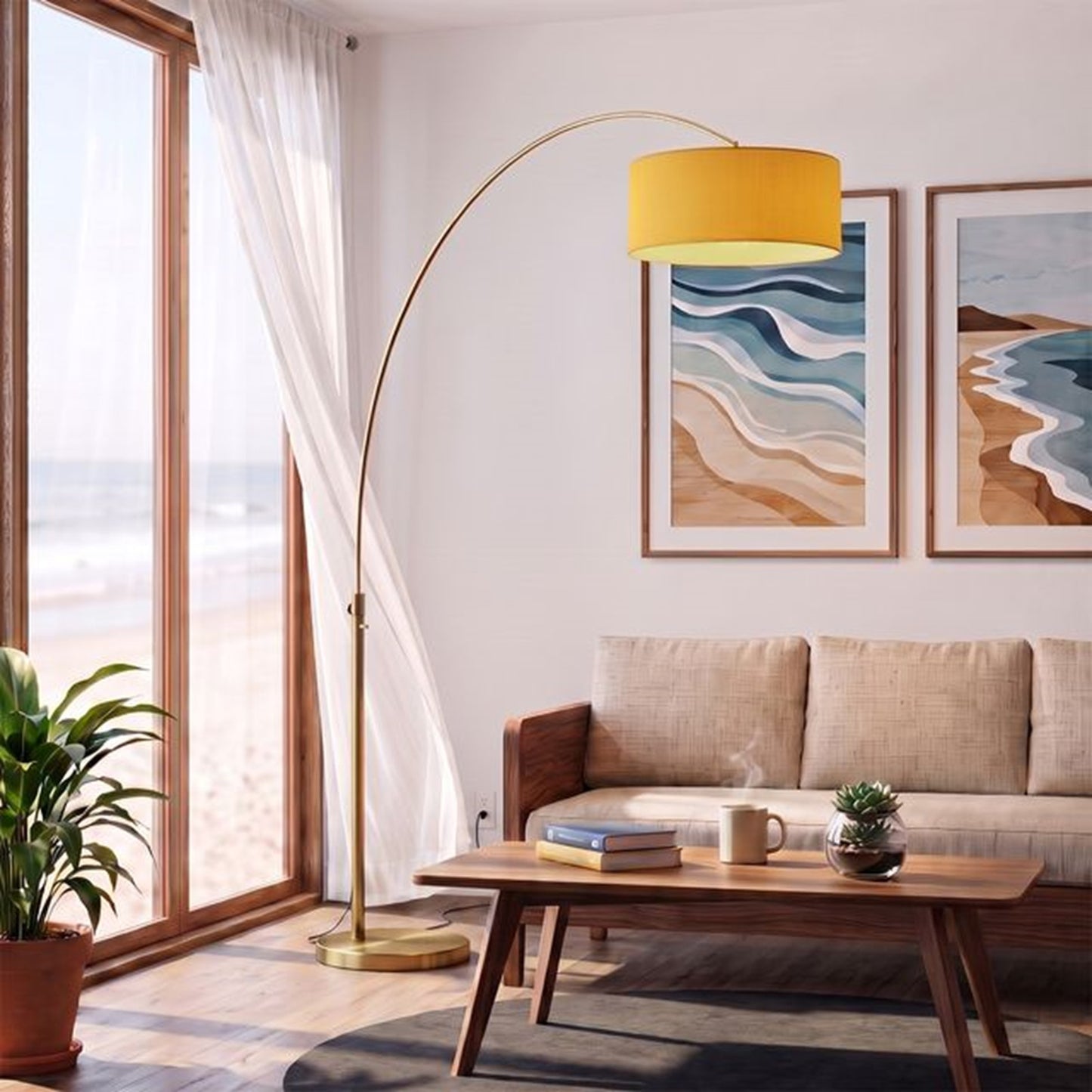Nova California Float 92in 1-Light Arc Lamp | Industrial Weathered Brass and Mustard Linen | Living Room & Bedroom | 68 x 18 x 92 in | Model 2110824MU