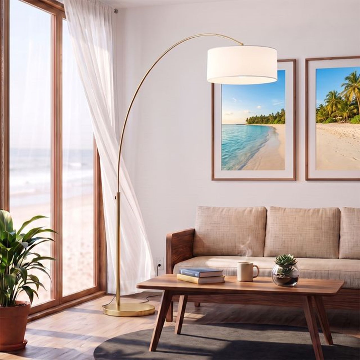 Nova California Float 92in 1-Light Arc Lamp | Modern White Linen Shade and Weathered Brass Steel Body | Living Room & Bedroom | Model 2110824WH
