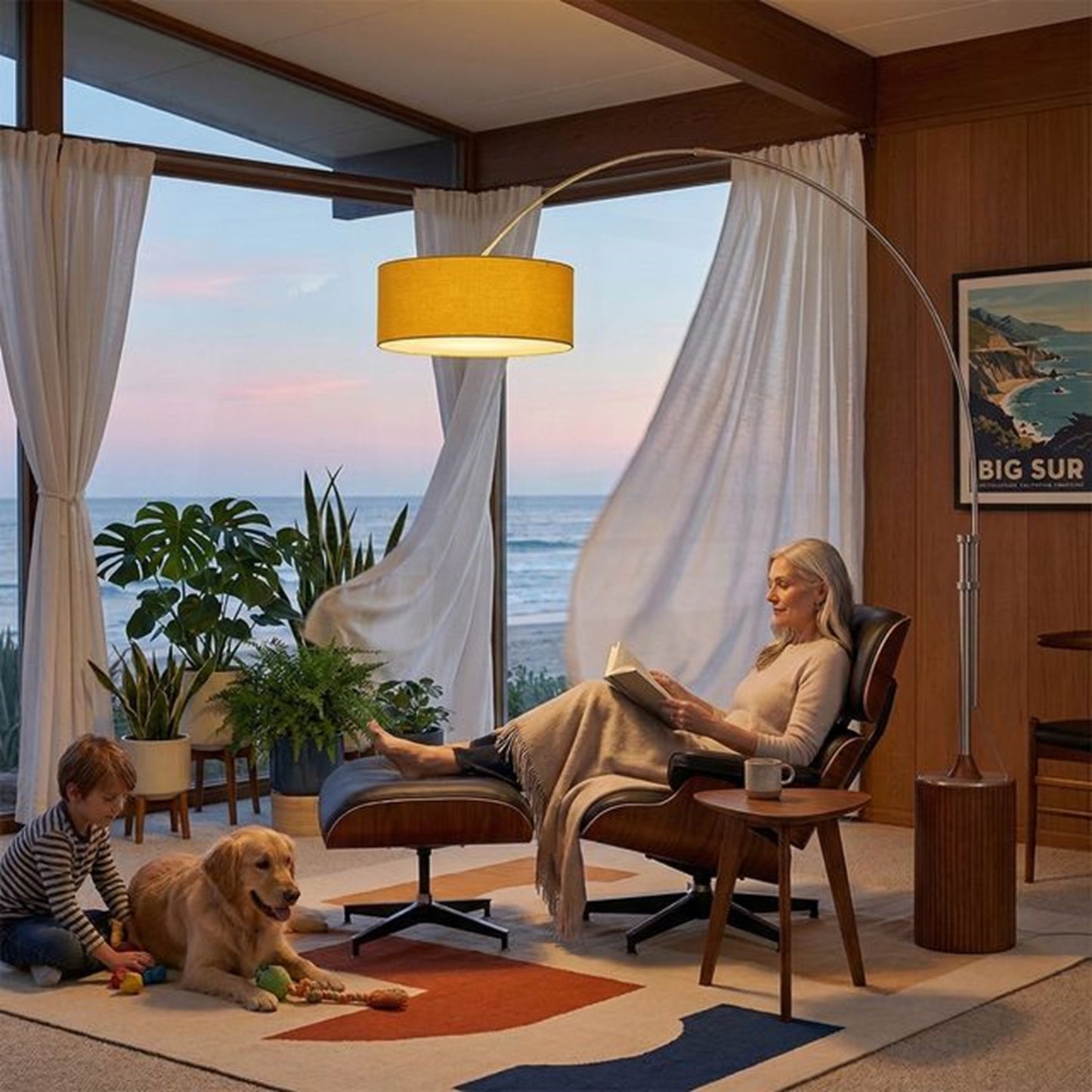 Nova California Tambo 92in 1-Light Arc Lamp | Mid-Century Satin Nickel and Mustard Linen | Living Room & Bedroom | 68 x 18 x 92 in | Model 2110833MU