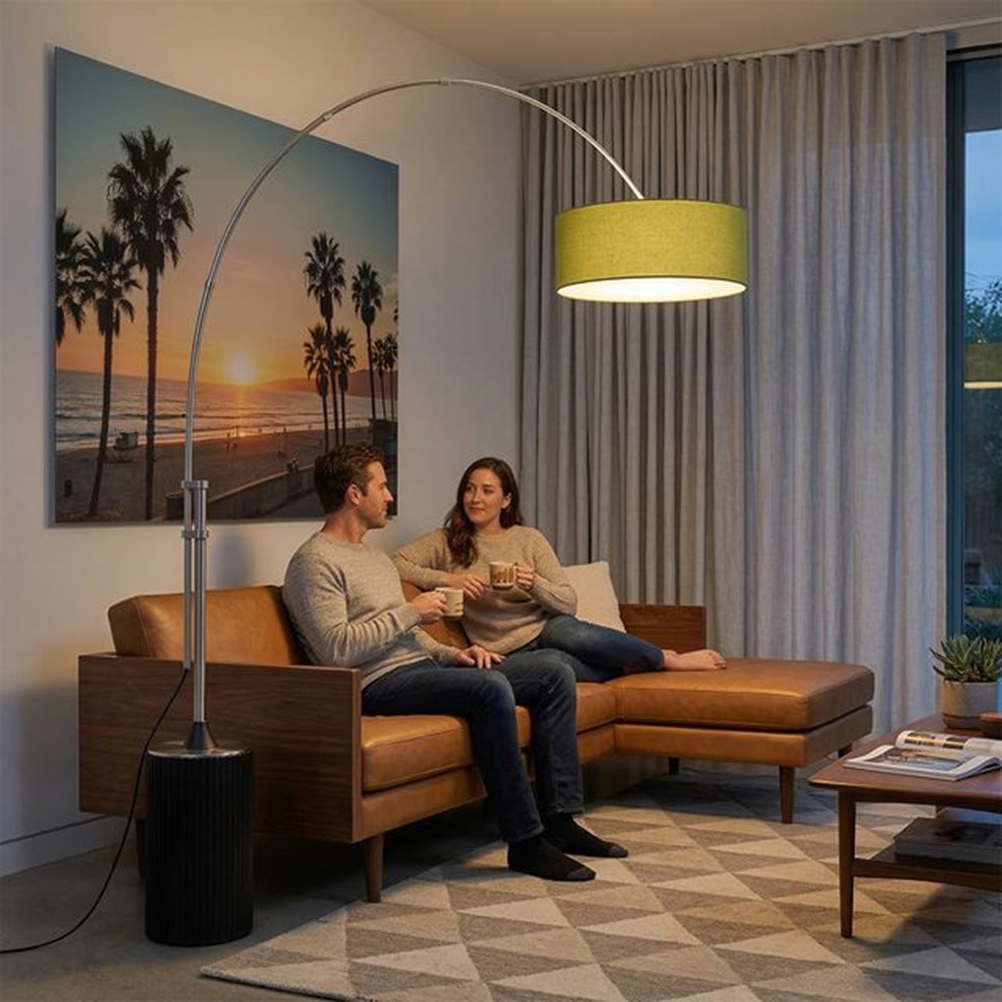 Nova California Tambo 92in 1-Light Arc Floor Lamp | Mid-Century Modern Satin Nickel and Black Oak Base with Avocado Linen Shade | Model 2110834AV