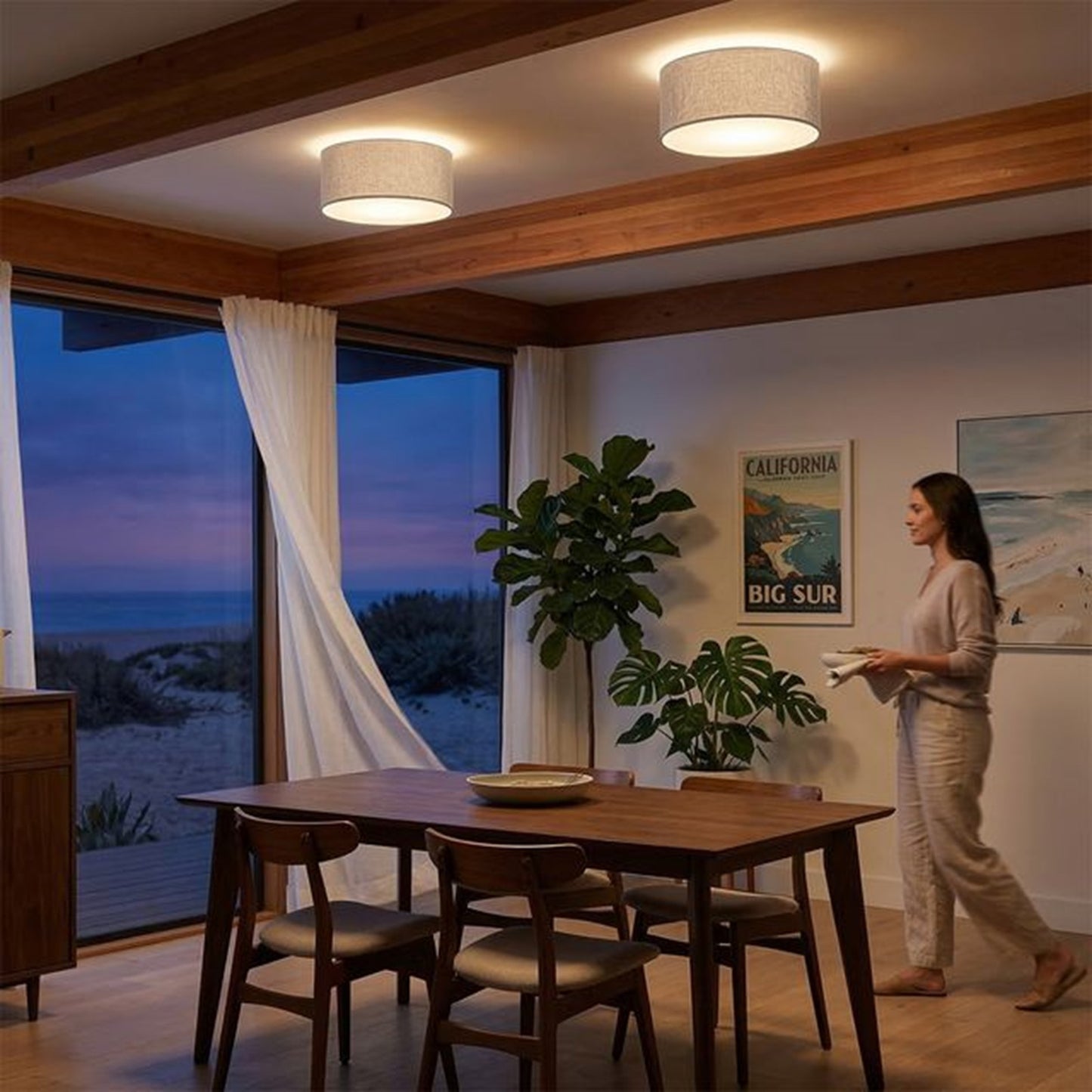 Nova California Stretch 22in 1-Light Flush Mount | Modern Satin Nickel and Cashmere Gray Linen | Bedroom & Hallway | Model 2110842CG