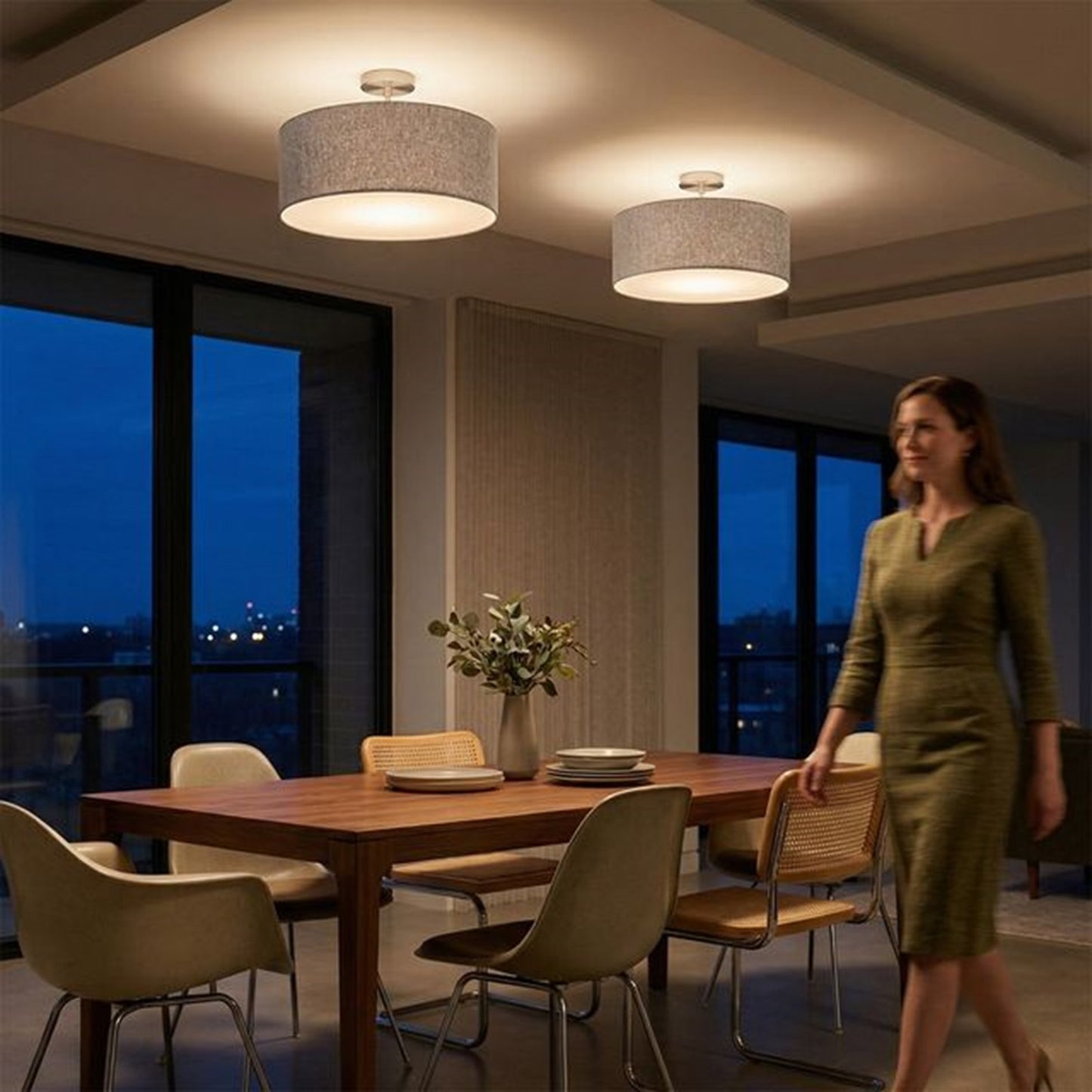 Nova California Stretch 17in 1-Light Semi-Flush Mount | Modern Satin Nickel and Cashmere Gray Linen | Bedroom & Dining Room | Model 2110844CG