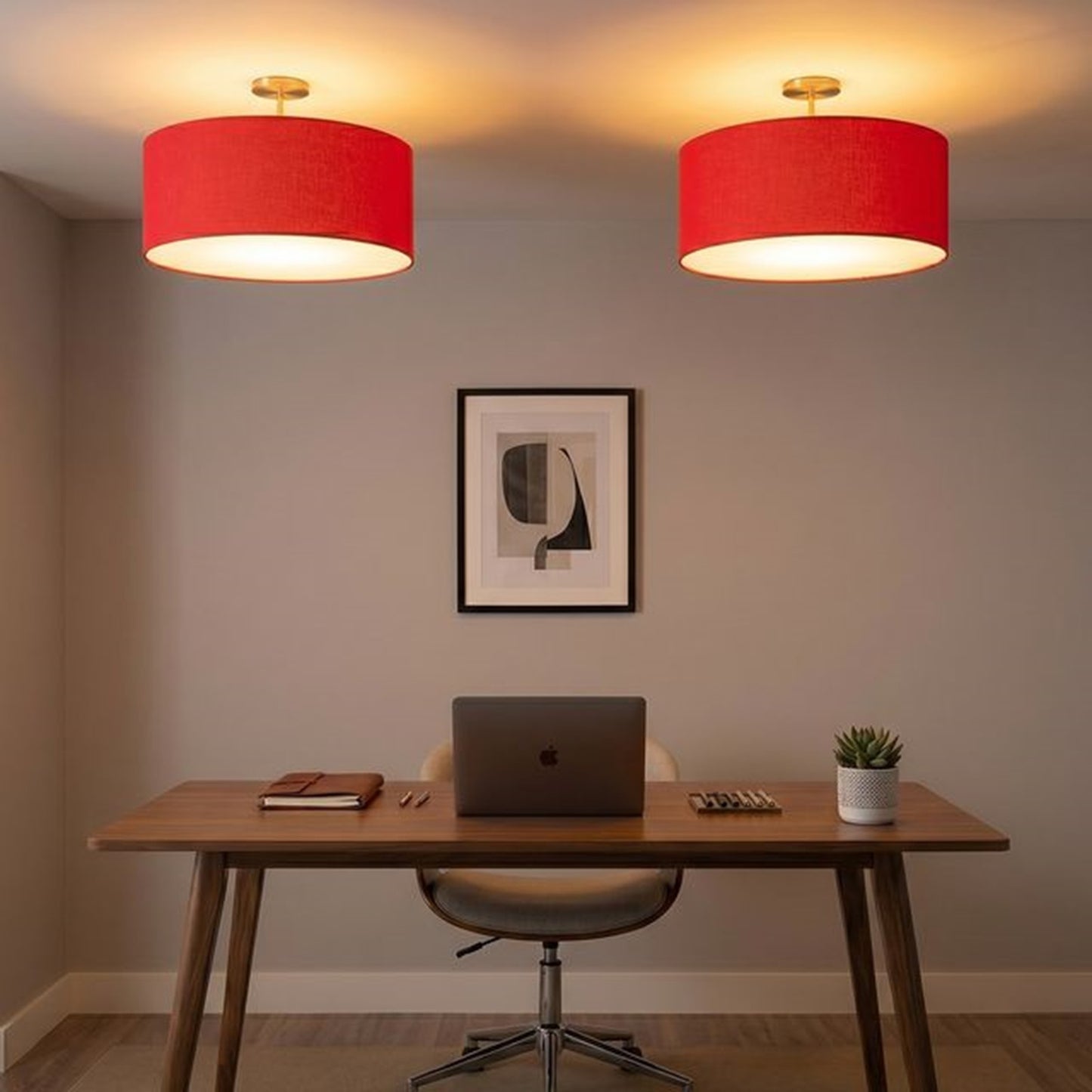 Nova California Stretch 17in 1-Light Semi-Flush Mount | Modern Weathered Brass and Crimson Red Linen | Bedroom & Dining Room | Model 2110845CR