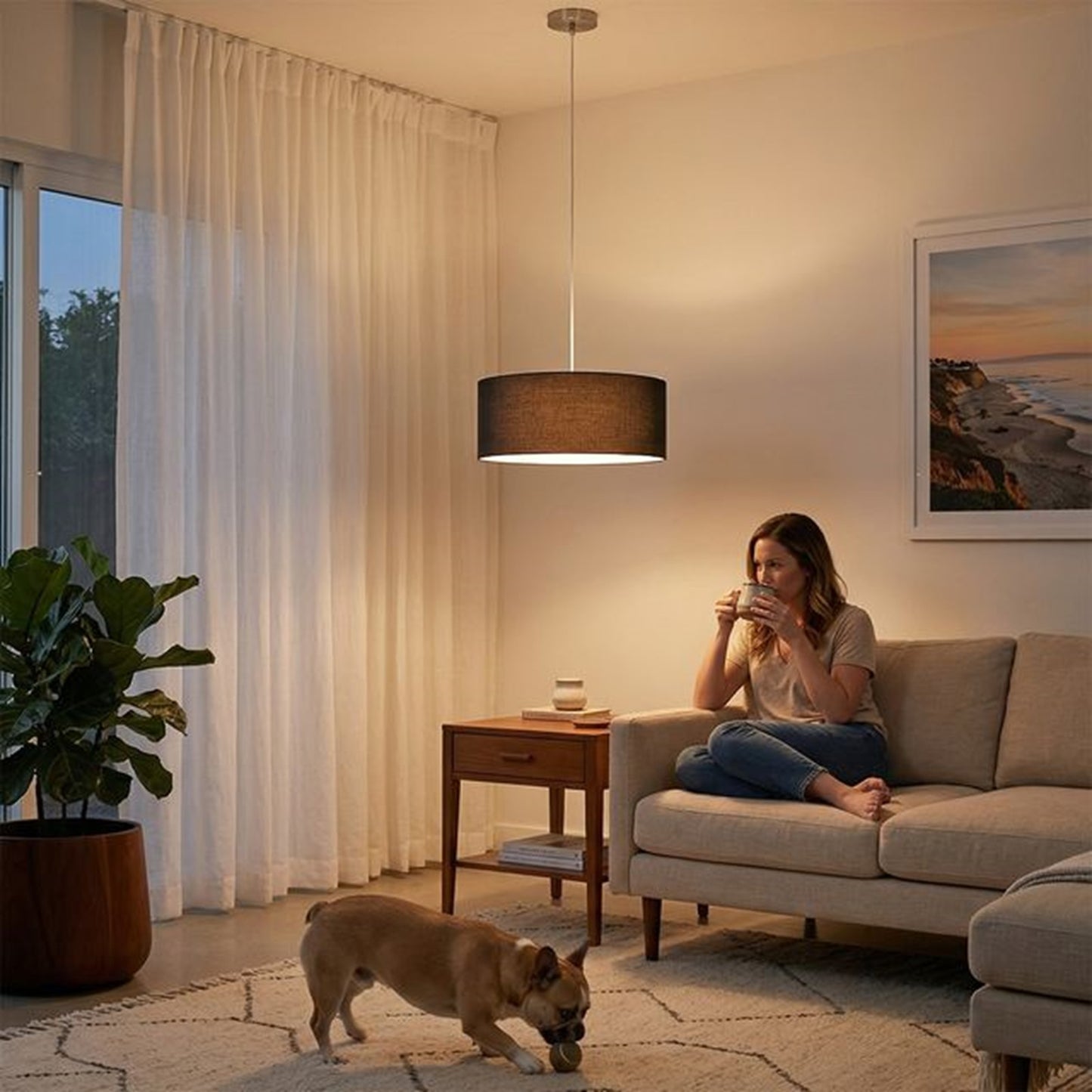 Nova California Stretch 22in 1-Light Pendant | Modern Satin Nickel and Black Linen Shade | Kitchen Island & Dining Room | Model 2110846BK