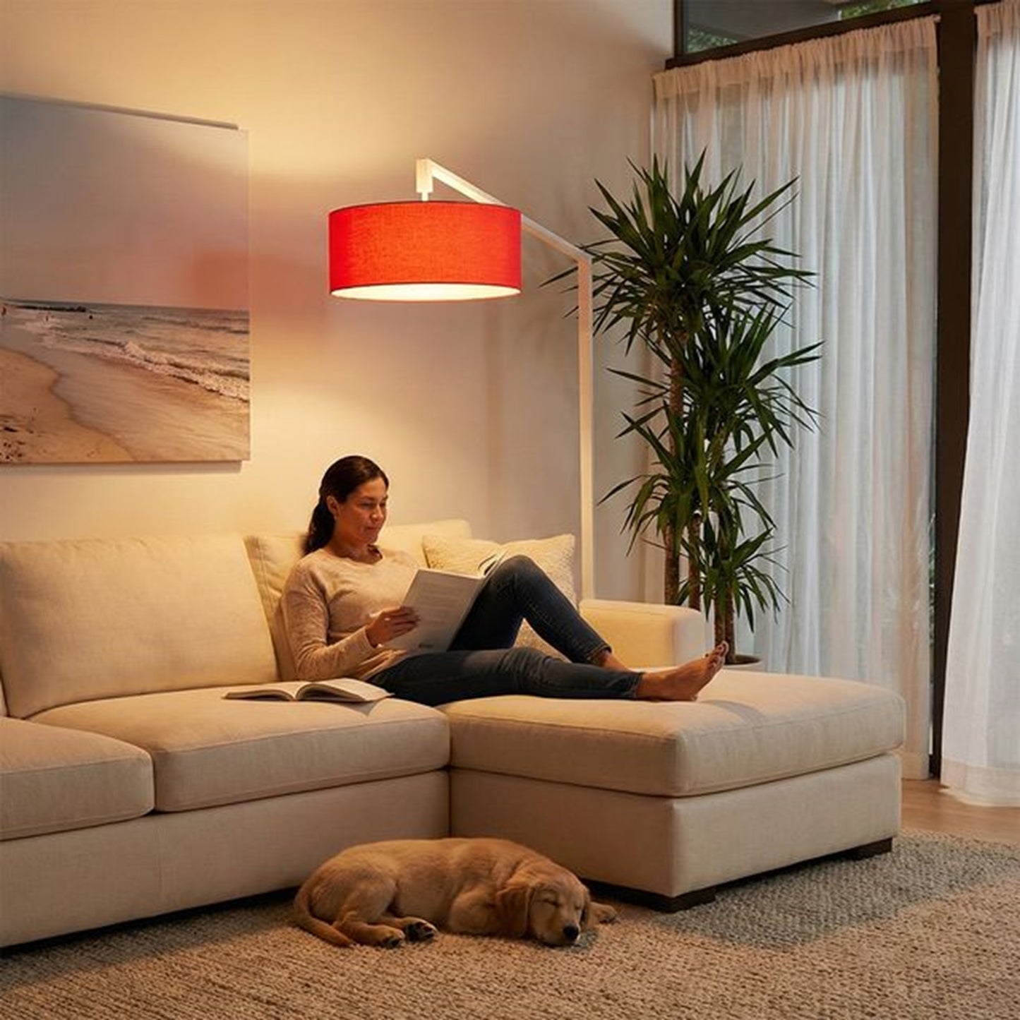 Nova California Stretch 75in 1-Light Arc Lamp | Modern White Steel and Crimson Red Linen | Living Room & Bedroom | 1500 Lumens | Model 2110927CR