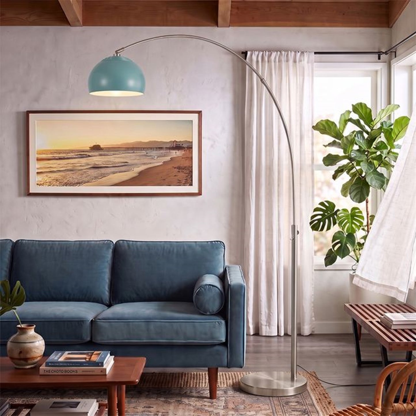Nova California Float Half Dome 92in 1-Light Arc Lamp | Modern Pool Blue Steel Shade | Living Room & Reading Nook | 68 x 18 x 92 in | Model 2113825BL