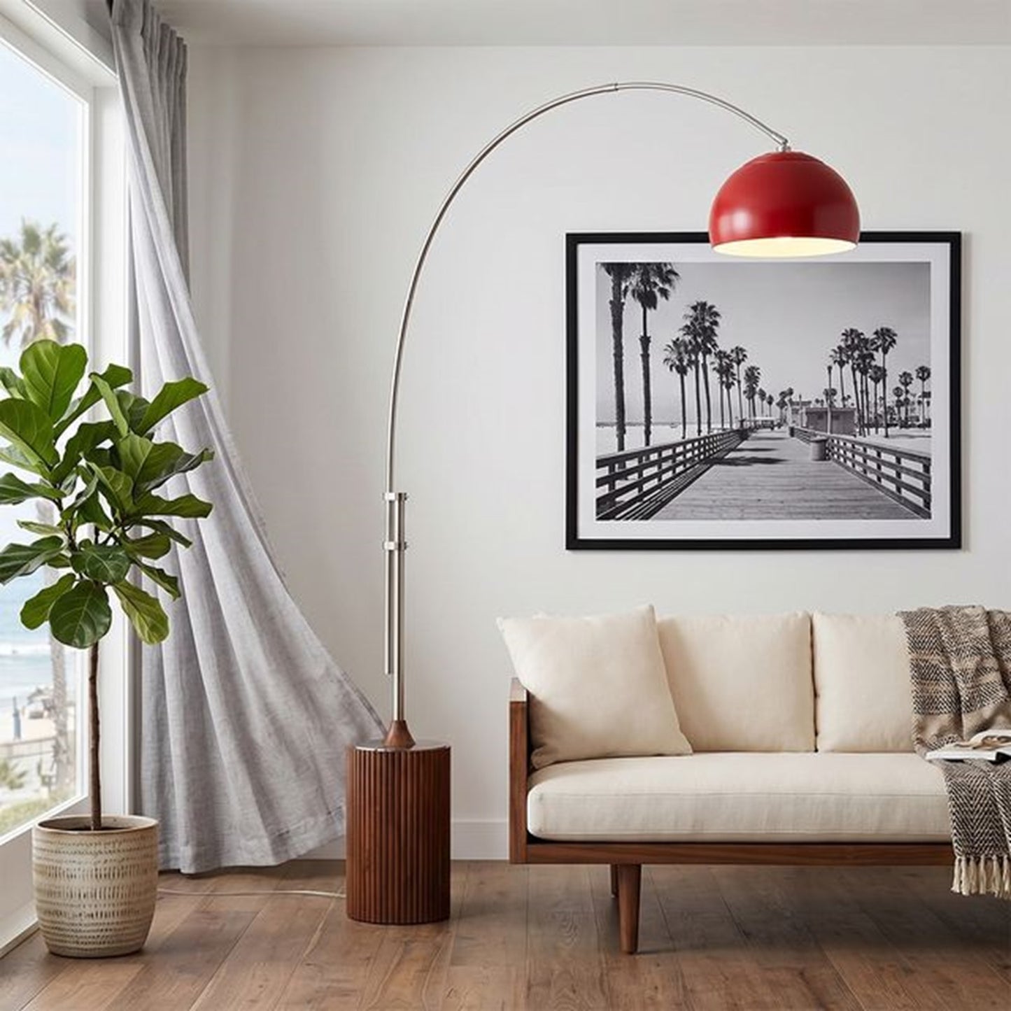 Nova California Tambo 92in 1-Light Arc Lamp | Mid-Century Modern Crimson Red Steel Shade and Satin Nickel Body | Living Room & | Model 2113833CR