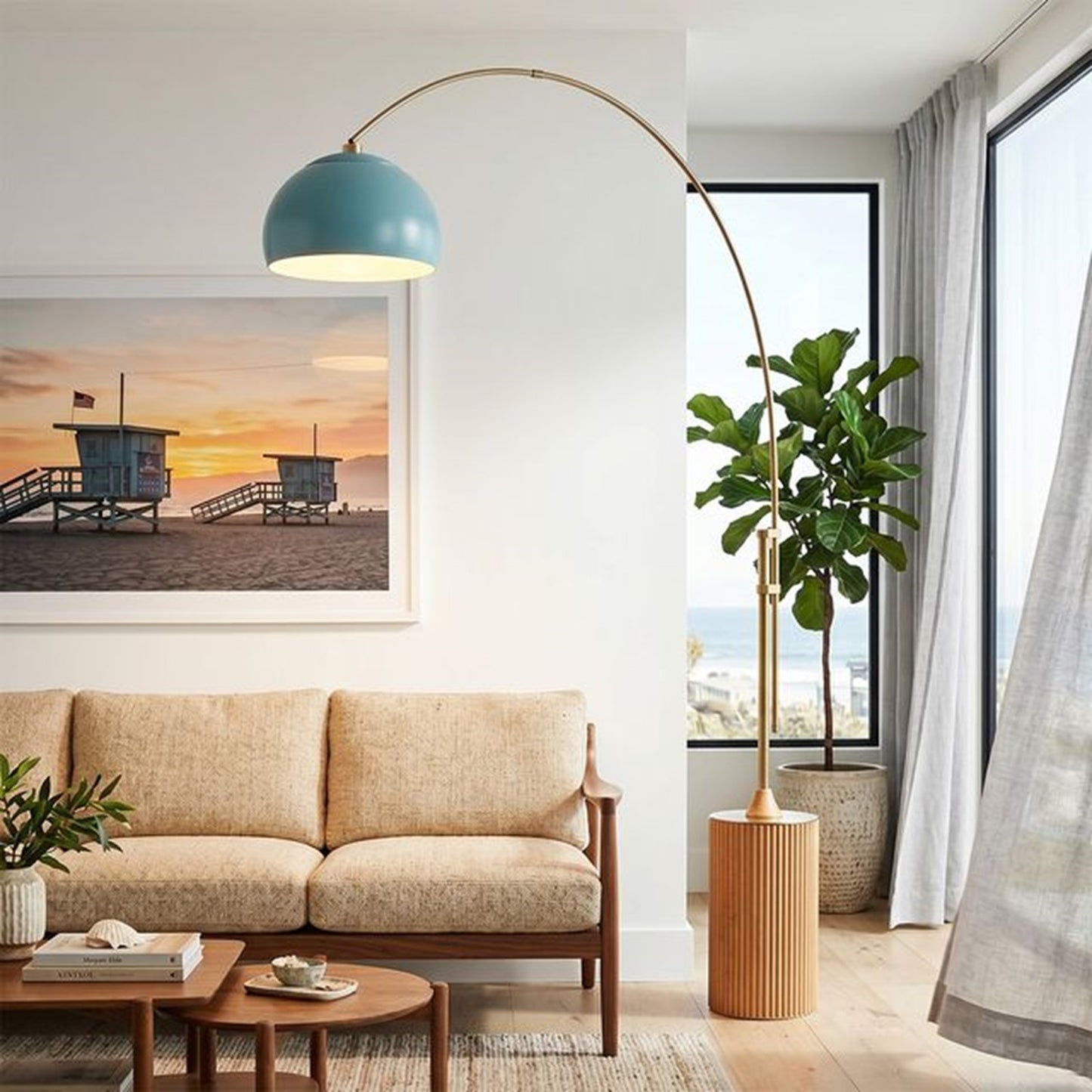 Nova California Tambo Half-Dome 92in 1-Light Arc Lamp | Mid-Century Modern Weathered Brass and Pool Blue Steel | Living Room & | Model 2113839BL