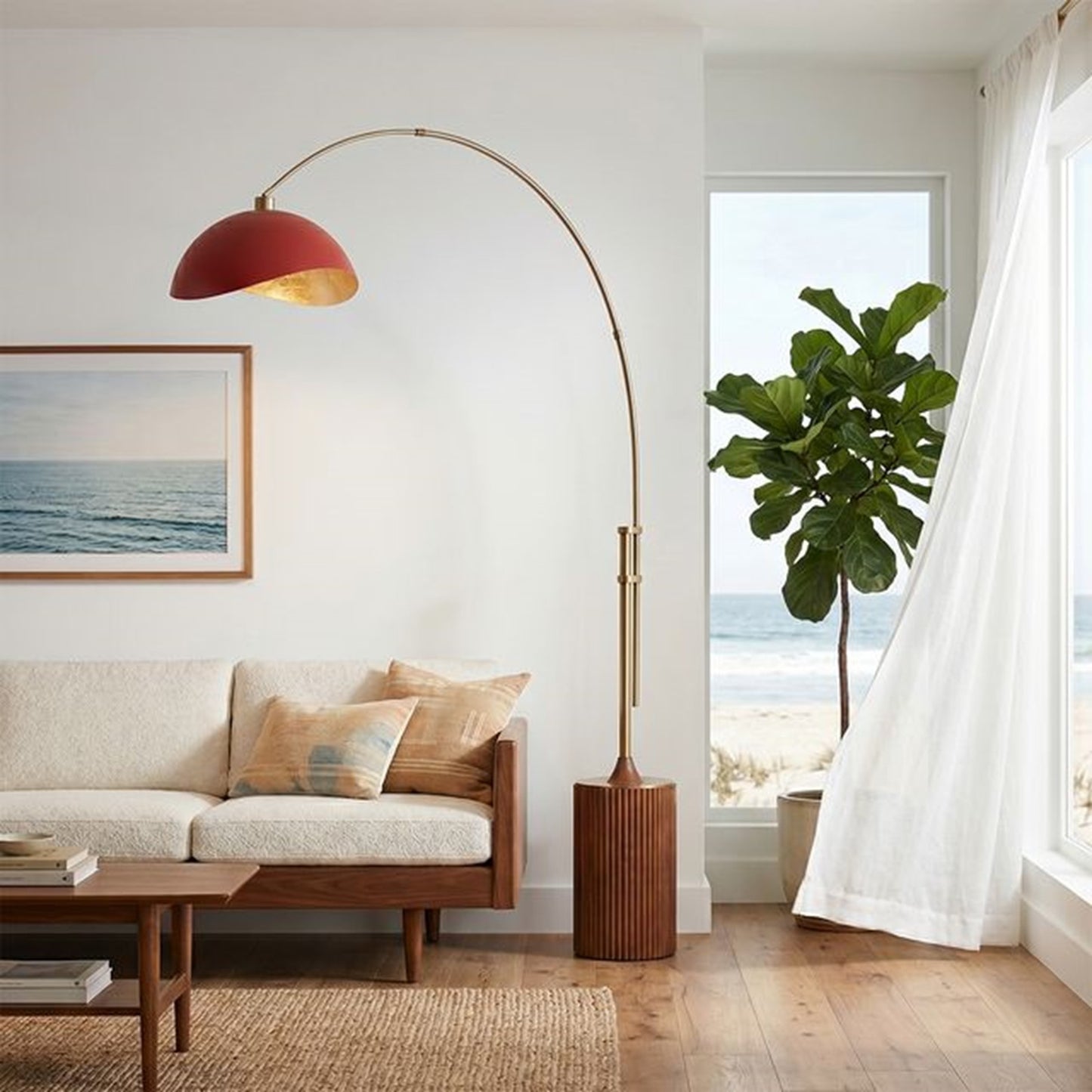 Nova California Tambo Luna Bella 92in 1-Light Arc Lamp | Mid-Century Modern Weathered Brass and Matte Red/Gold Steel Shade | Living | Model 2114832RG