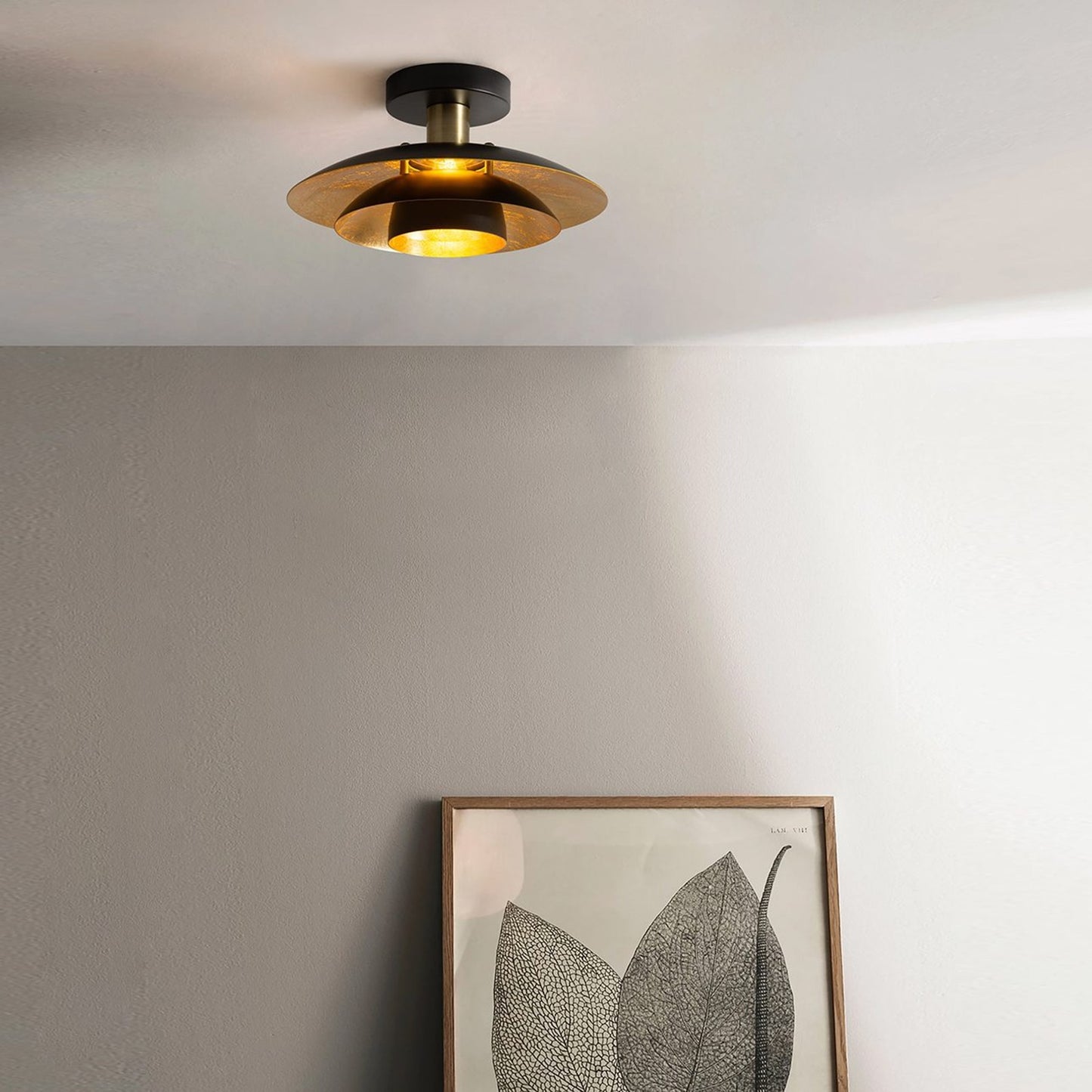 Nova California Rancho Mirage 12in 1-Light Flush Mount | Mid-Century Modern Weathered Brass and Matte Black Steel with Gold-Leaf | Model 3610824WB