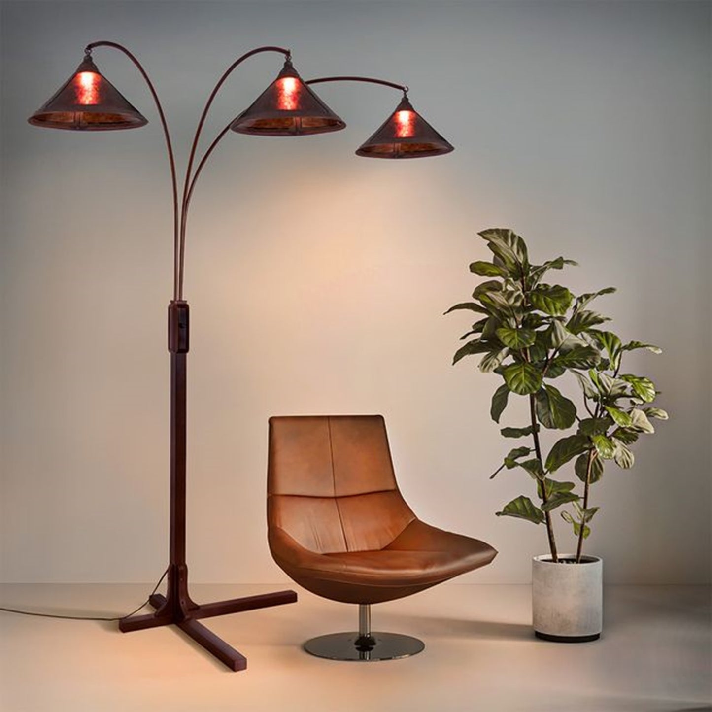 Nova California Mica 86in 3-Light Arc Floor Lamp | Arts & Crafts Amber Mica and Wood | Living Room & Den | 38 x 53 x 86 in | Model 4212BZ