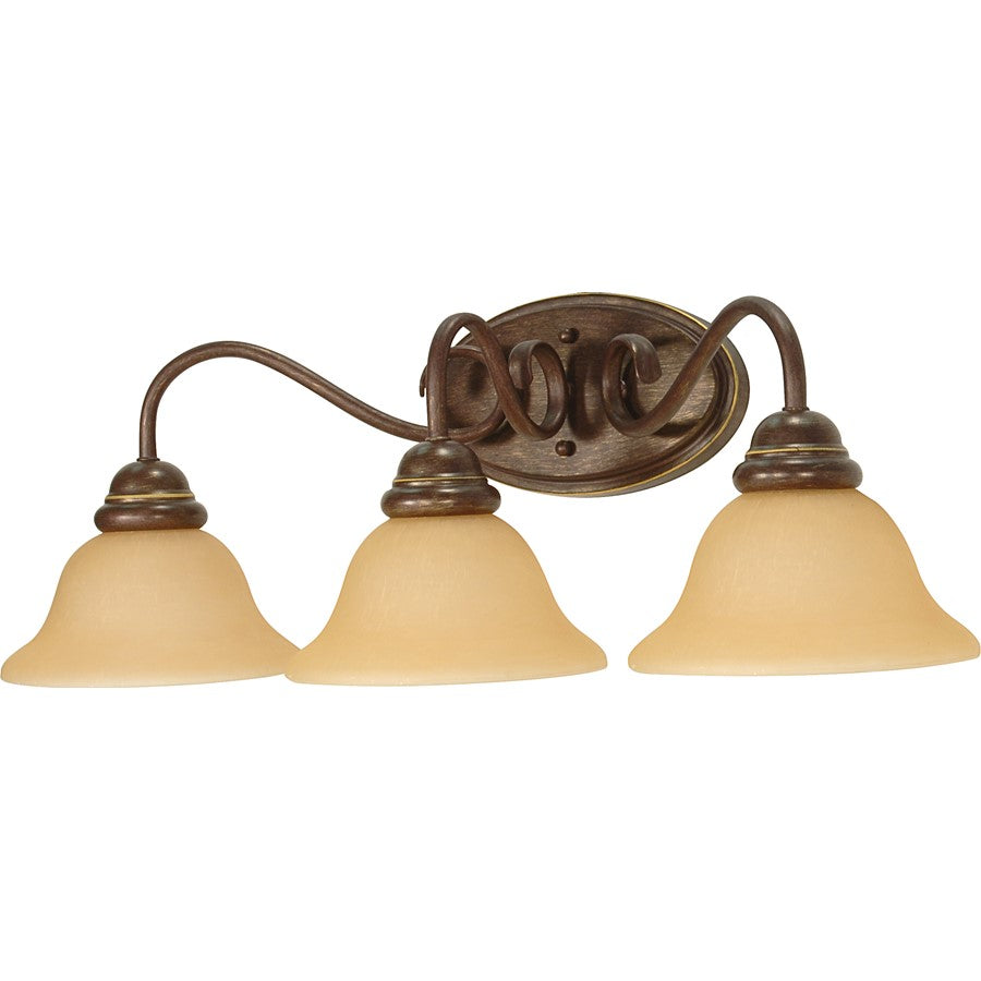 Nuvo Lighting Castillo 25in 3-Light Bathroom Vanity Light | Transitional Sonoma Bronze and Champagne Linen Glass | Damp-Rated Bathroom & | Model 60-1035