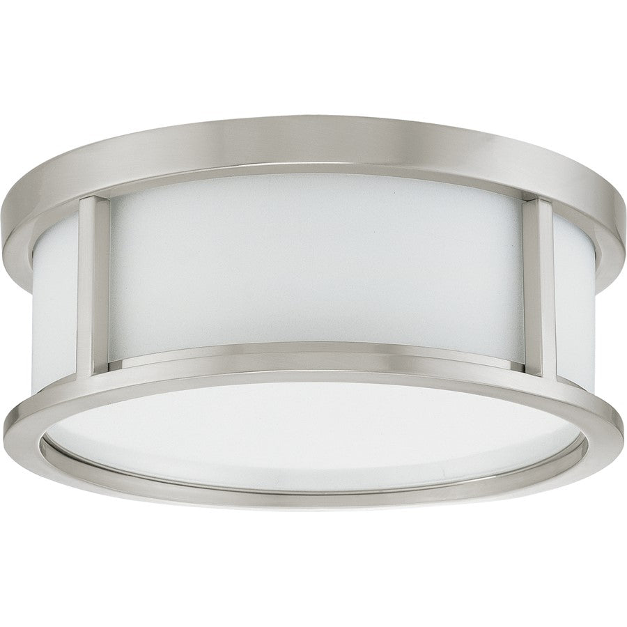 Nuvo Odeon 13in 2-Light Flush Mount | Art Deco Brushed Nickel and Satin White Glass | Bedroom & Hallway Ceiling Light | 13 x 5 in | Model 60-2859