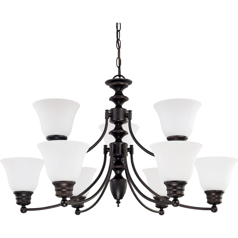 Nuvo Empire 32in 9-Light Chandelier | Traditional Mahogany Bronze and Frosted White Glass | Dining Room & Living Room | 27 x 17 x 31 in | Model 60-3171
