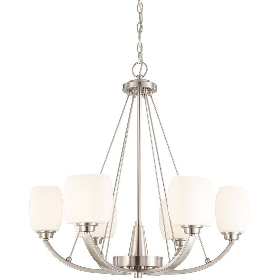 Nuvo Lighting Helium 27in 6-Light Chandelier | Contemporary Brushed Nickel and Satin White Glass | Dining Room & Living Room | 27 x 27 x | Model 60-4186