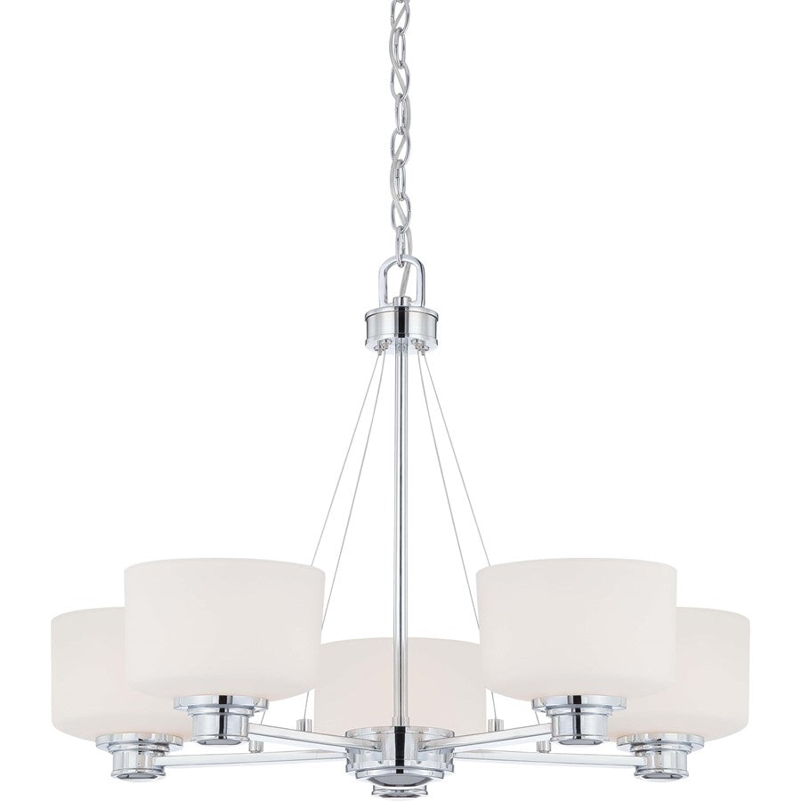 Nuvo Lighting Soho 27in 5-Light Chandelier | Polished Chrome and Satin White Glass | Dining Room & Living Room | 27.5 x 27.5 x 20.25 in | Model 60-4585