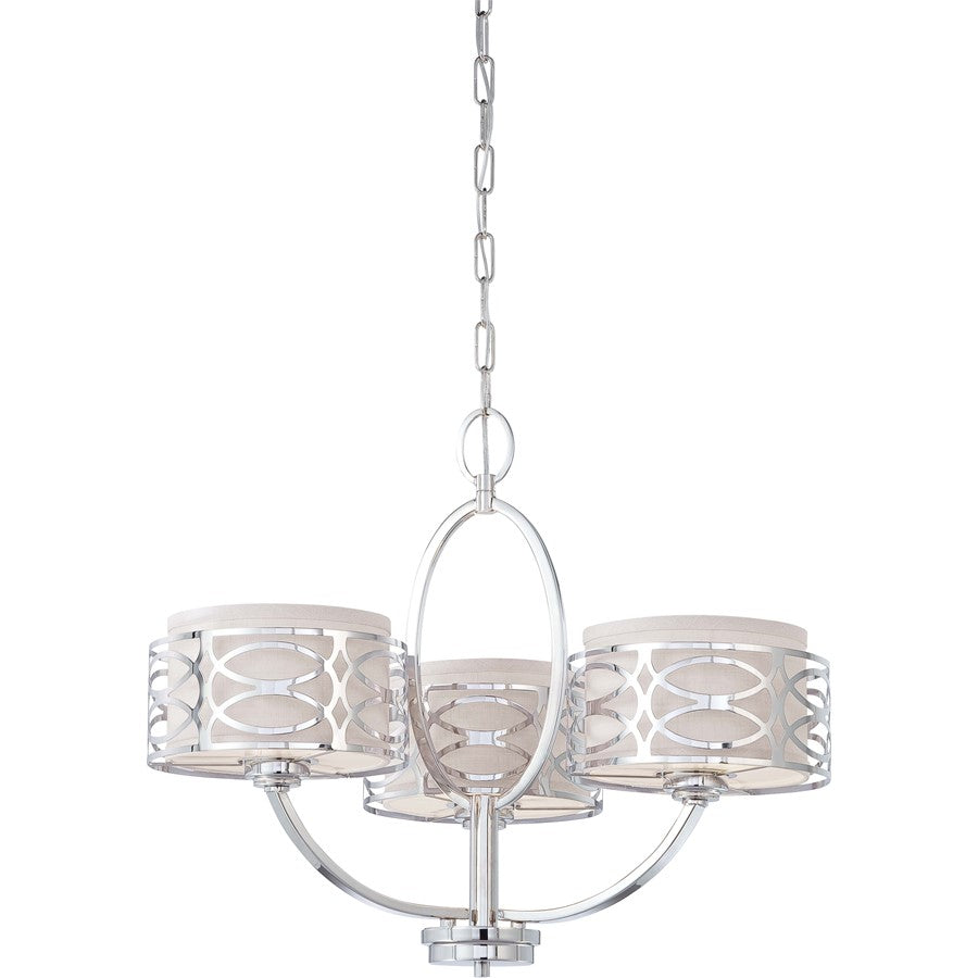 Nuvo Harlow 25in 3-Light Chandelier | Polished Nickel and Slate Gray Fabric | Kitchen & Dining Room | 25 x 25 x 20 in | Model 60-4624