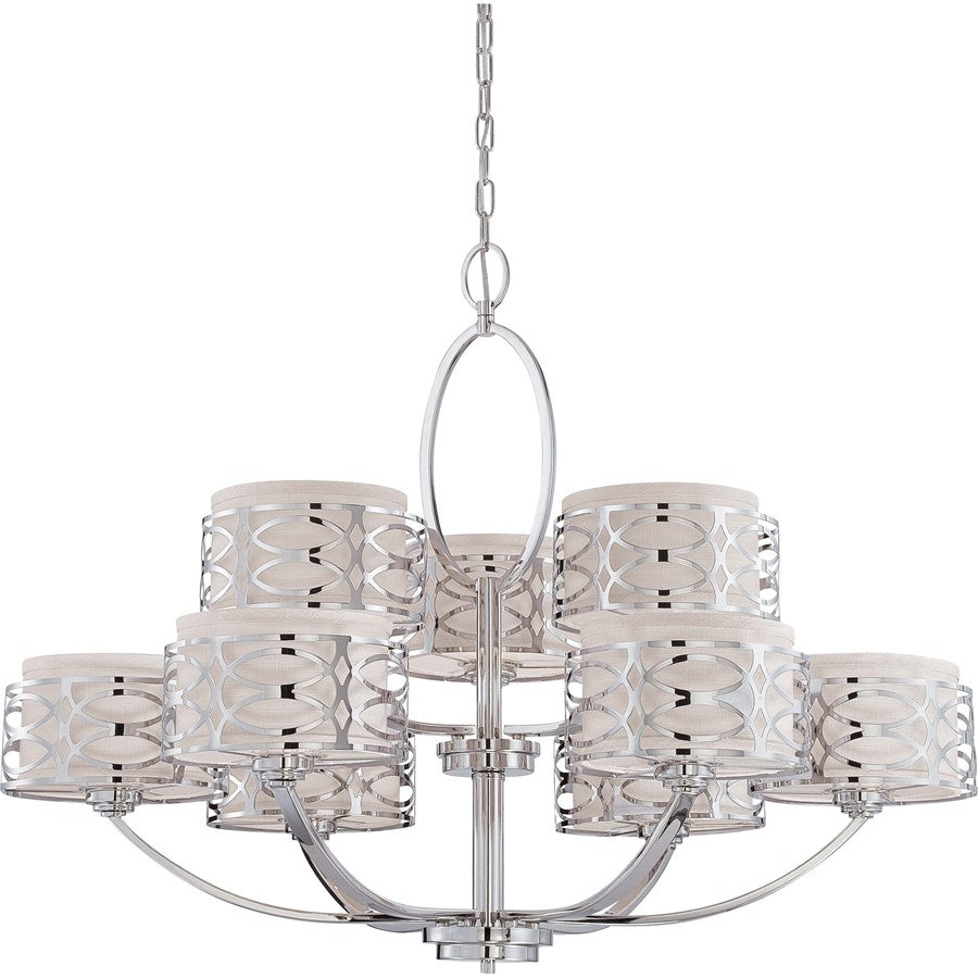 Nuvo Harlow 38in 9-Light Chandelier | Polished Nickel and Slate Gray Fabric | Kitchen Island & Dining Room | 38 x 38 x 29 in | Model 60-4630