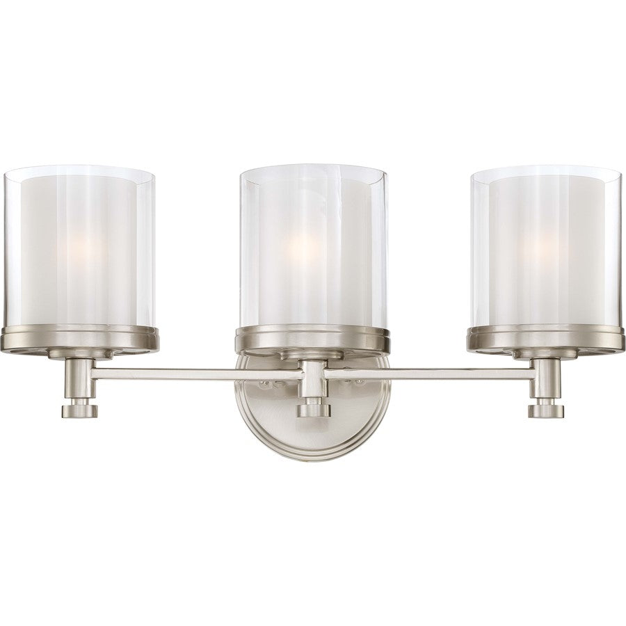 Nuvo Decker 21.75in 3-Light Vanity Light | Industrial Brushed Nickel and Clear & Frosted Glass | Bathroom Vanity | 21.75 x 6.75 x 10.25 in | Model 60-4643