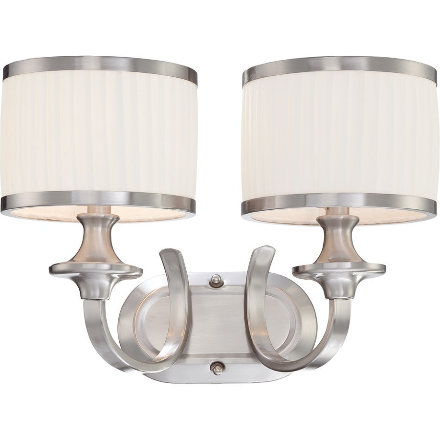 Nuvo Candice 16in 2-Light Vanity Light | Traditional Brushed Nickel and Pleated White Fabric | Bathroom Vanity | 15 x 9 x 14 in | Model 60-4732