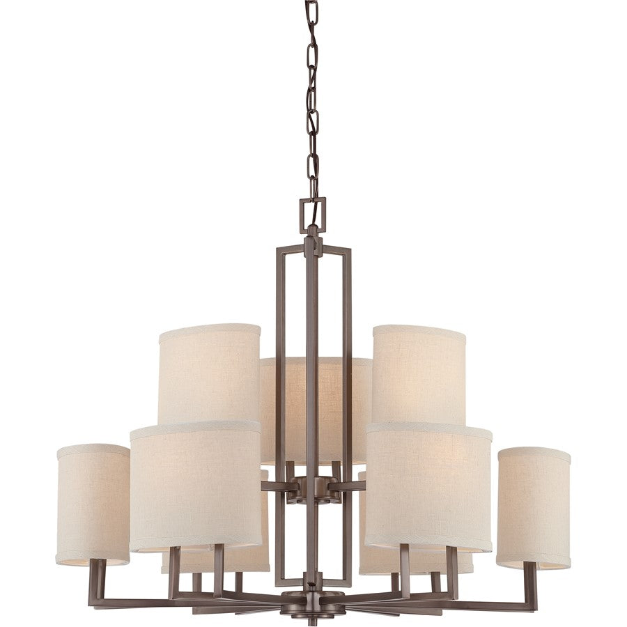 Nuvo Lighting Gemini 31in 9-Light Chandelier | Hazel Bronze and Khaki Fabric Shades | Dining Room & Living Room | 31 x 27 x 27 in | Model 60-4859