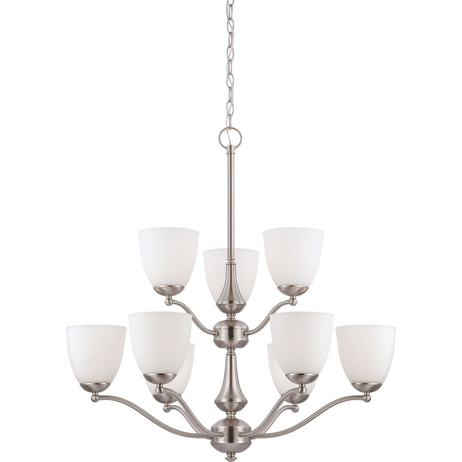 Nuvo Patton 30in 9-Light Chandelier | Transitional Brushed Nickel and Frosted Glass | Dining Room & Living Room | 30 x 30 x 31 in | Model 60-5039