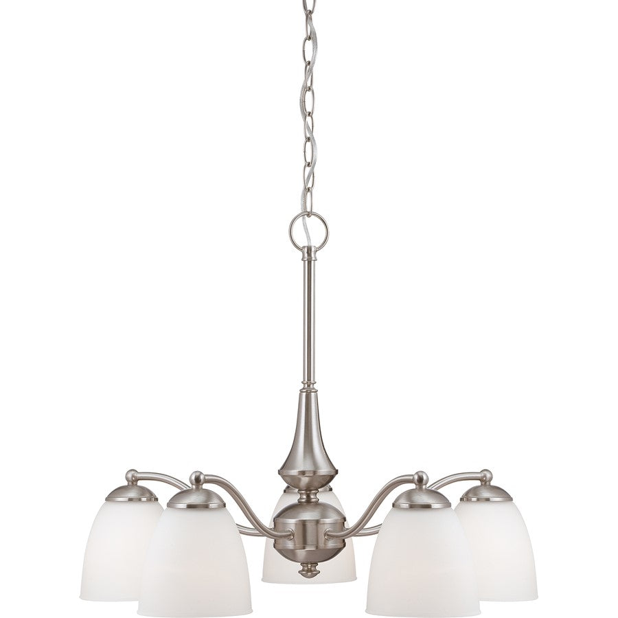 Nuvo Patton 25in 5-Light Chandelier | Transitional Brushed Nickel and Frosted Glass | Dining Room & Living Room | 25 x 25 x 20 in | Model 60-5043
