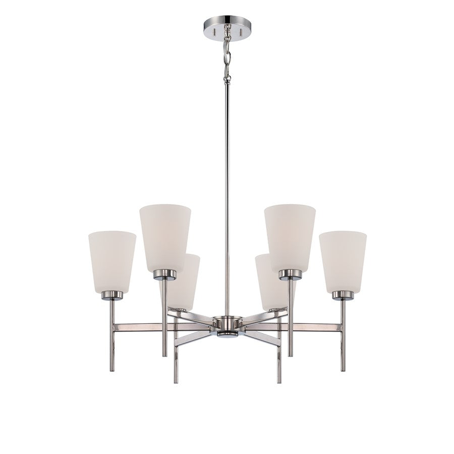 Nuvo Benson 27in 6-Light Chandelier | Transitional Polished Nickel and Satin White Glass | Dining Room & Living Room | 27.25 x 56.5 in | Model 60-5216